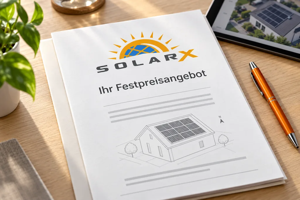 Ihr Festpreisangebot von SolarX SolarX-Angebotsmappe mit der Aufschrift „Ihr Festpreisangebot“ auf einem Schreibtisch