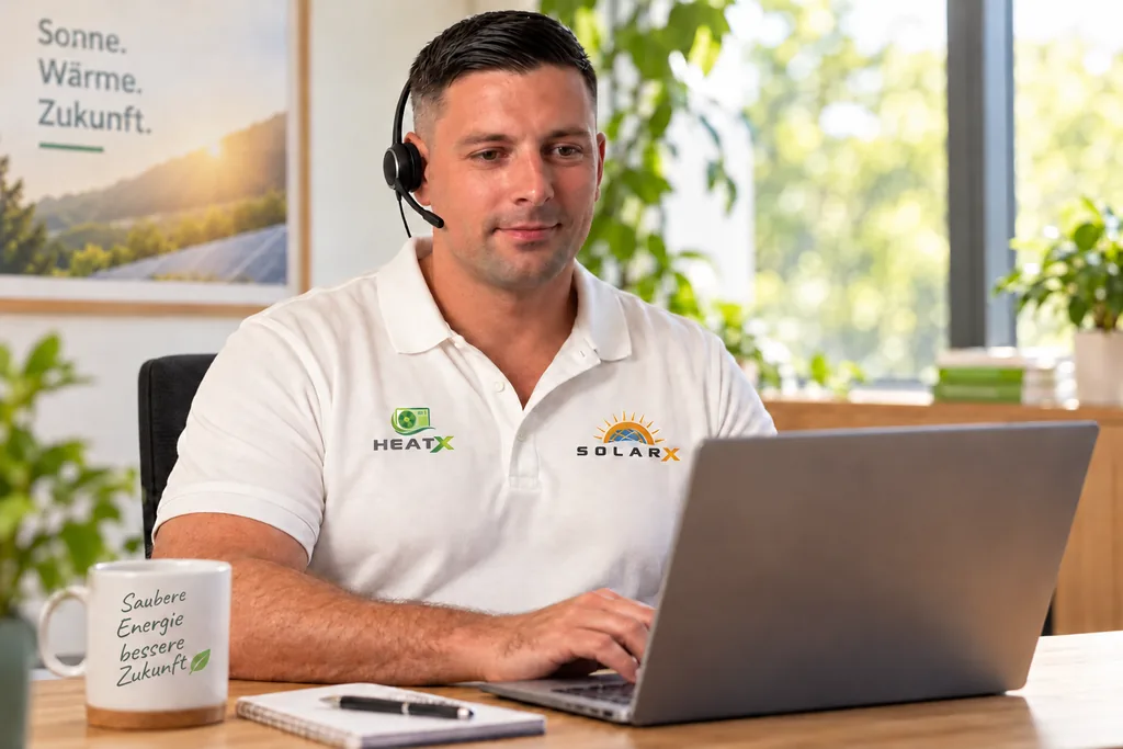 Persönliche Nachbetreuung durch SolarX Dunkelhaariger SolarX-Mitarbeiter am Headset mit HeatX- und SolarX-Logo auf dem Polo.