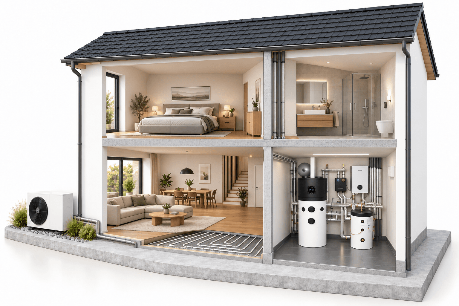 HeatX – Schnittansicht eines Hauses mit Wärmepumpensystem Aufgeschnittenes Haus: Außengerät links, Wohnraum und Fußbodenheizung unten, Technikraum mit Inneneinheit und zwei Speichern rechts sowie Schlafzimmer und Bad oben