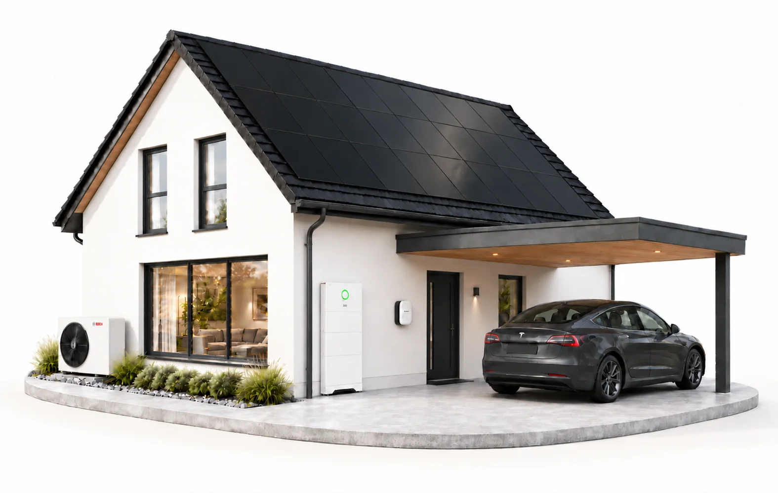SolarX Energiesystem mit Photovoltaik, Speicher, Wärmepumpe und Wallbox SolarX-Haus mit Solardach, Batteriespeicher und Wallbox mit Elektroauto