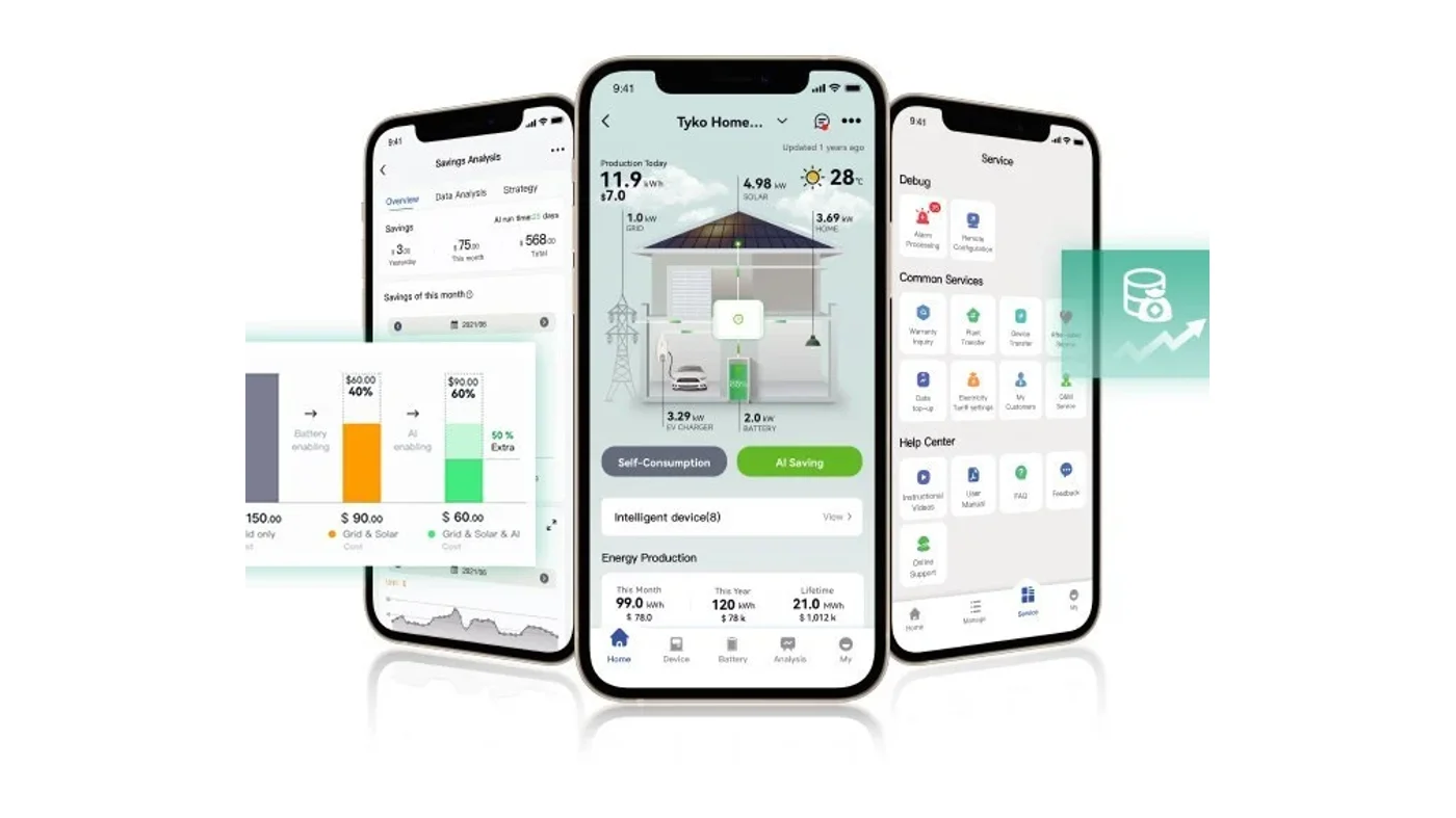 SolarX – SAJ elekeeper mit Energieübersicht und Service auf drei Smartphones Herstelleransicht der SAJ elekeeper App auf drei Smartphones
