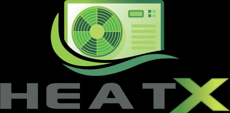 HeatX Logo mit dunkler Schrift HeatX Bild-Wort-Marke mit grünem Wärmepumpensymbol, dunkler Schrift und grünem X.