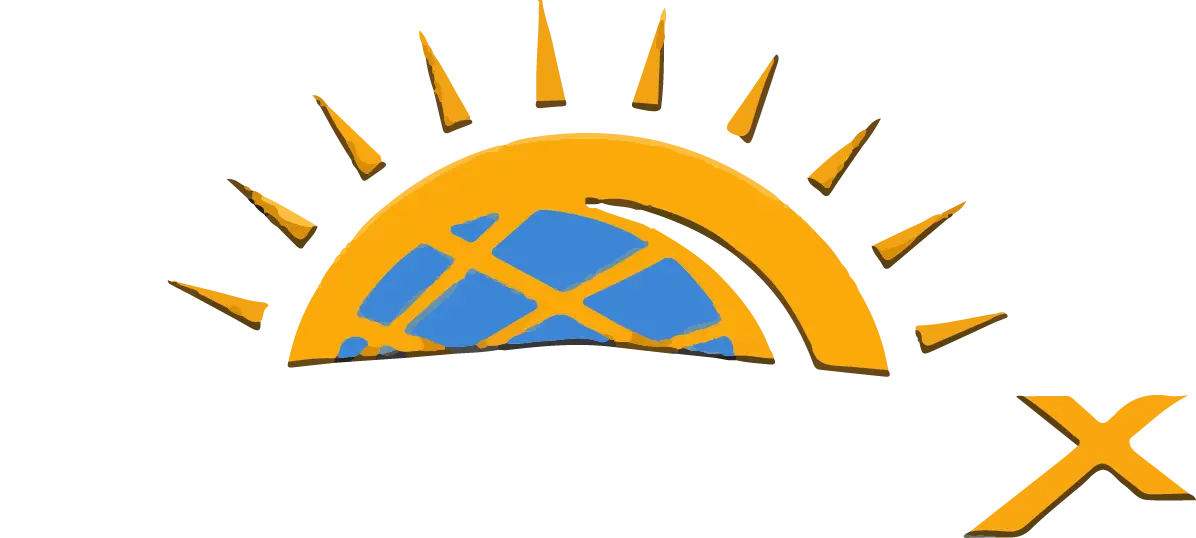 SolarX Logo mit weißer Schrift SolarX Bild-Wort-Marke mit orangefarbenem Sonnensymbol, weißer Schrift und orangefarbenem X.