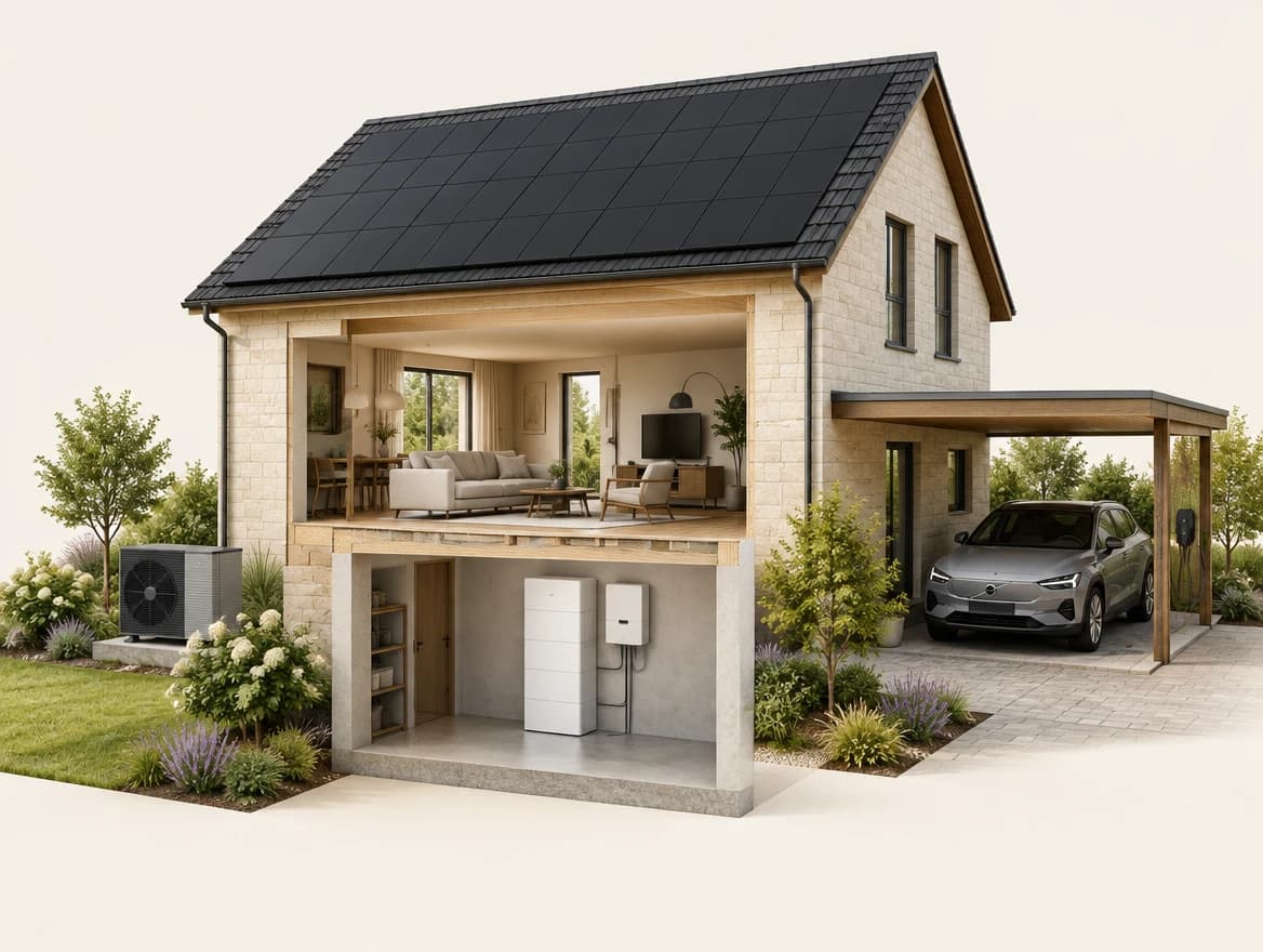 Das vernetzte Zuhause im Schnitt Hausansicht mit vernetzter Photovoltaikanlage, Speicher, Wärmepumpe und Wallbox