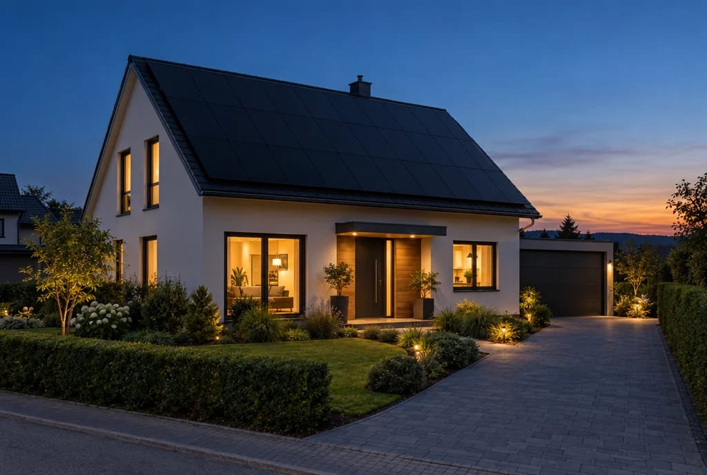SolarX – Visualisierung eines beleuchteten Einfamilienhauses mit Solardach am Abend Einfamilienhaus in der Dämmerung mit beleuchteten Fenstern und schwarzen Solarmodulen auf dem Satteldach