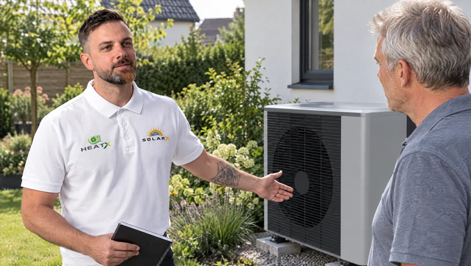 HeatX Beratung an einer Wärmepumpen-Außeneinheit neben einem Haus Generierte Szene nach Mitarbeitervorlage: Beratung zur Wärmepumpe im Garten