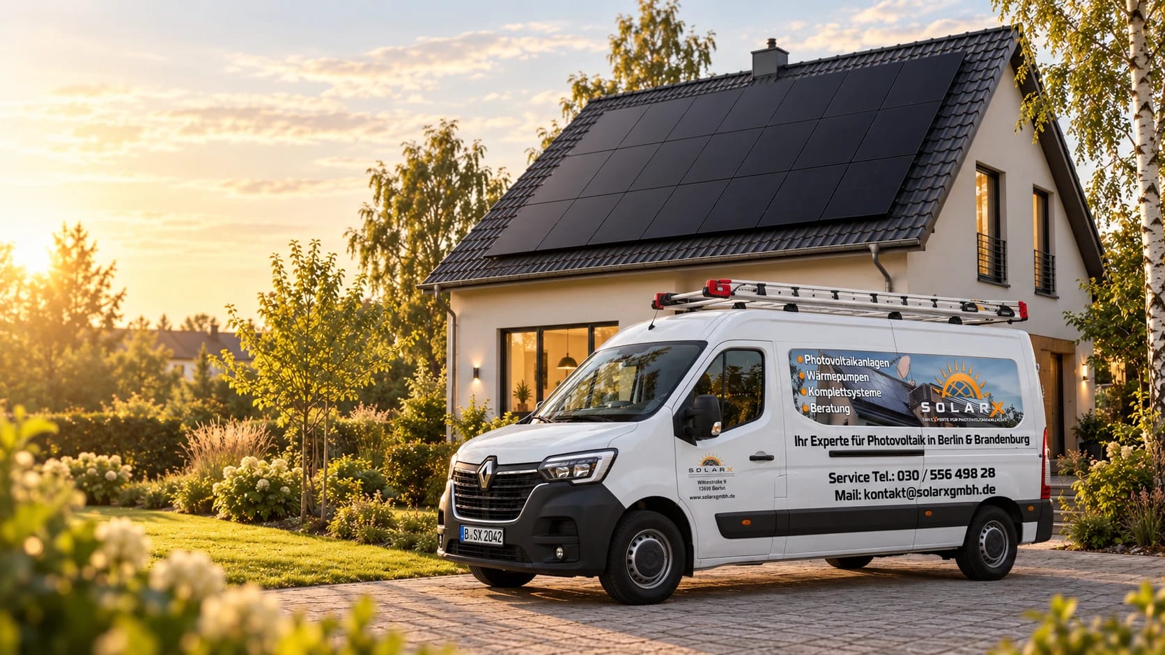 SolarX-Transporter vor einem Haus mit Photovoltaikanlage Generiertes Motiv: SolarX-Transporter auf der Einfahrt vor einem Haus mit schwarzen Photovoltaikmodulen