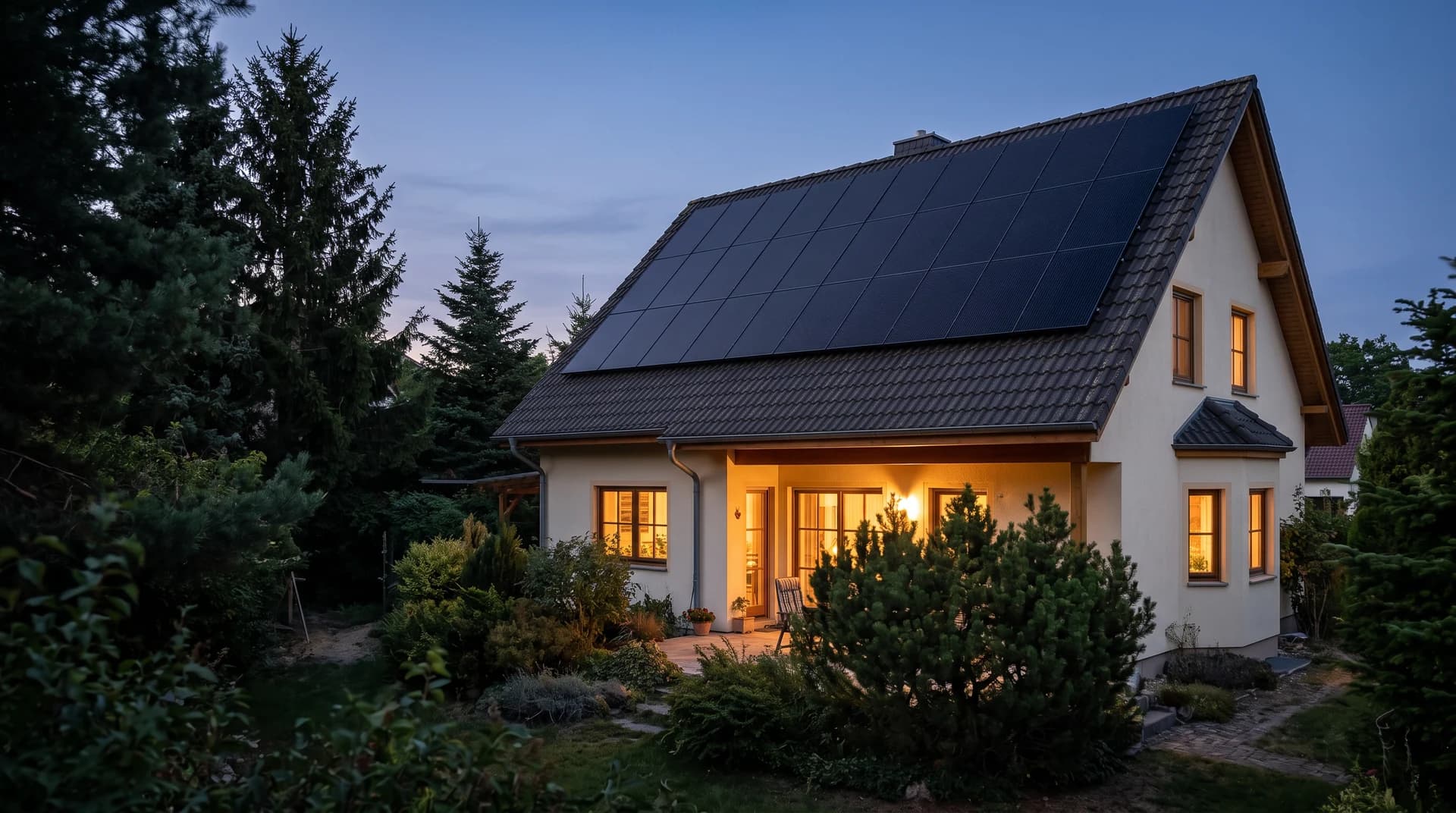 SolarX – Haus mit Photovoltaikanlage im Abendlicht Haus mit Photovoltaikanlage im Abendlicht