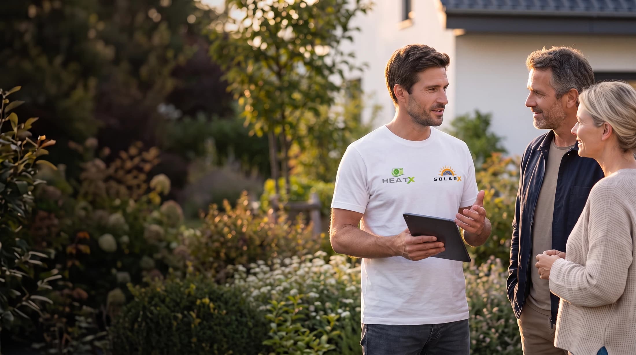 SolarX und HeatX – Beratungsgespräch mit einem Paar Illustrative Beratungsszene: SolarX-Mitarbeiter im weißen Firmen-T-Shirt mit SolarX- und HeatX-Brustlogos im Gespräch mit einem Paar