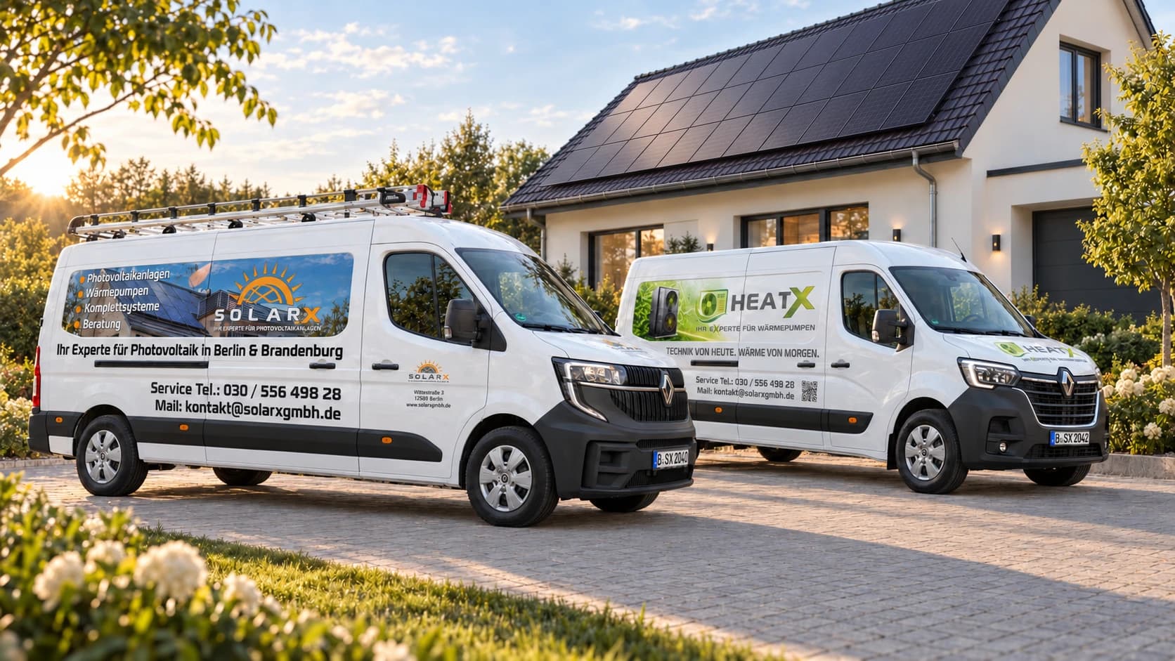 SolarX- und HeatX-Servicefahrzeuge vor einem Haus mit vollständig belegtem Full-Black-Solardach SolarX- und HeatX-Servicefahrzeuge vor einem Haus mit vollständig belegtem Full-Black-Solardach