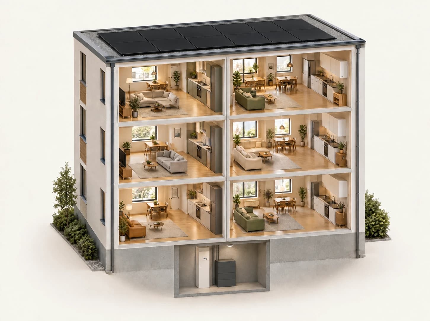 SolarX – Schnittansicht eines Mehrfamilienhauses mit Solardach und Technikraum Offenes Mehrfamilienhaus mit sechs Wohnungen, vollständig schwarzen Solarmodulen auf dem Dach und Technikraum mit Verteilung und Speicher