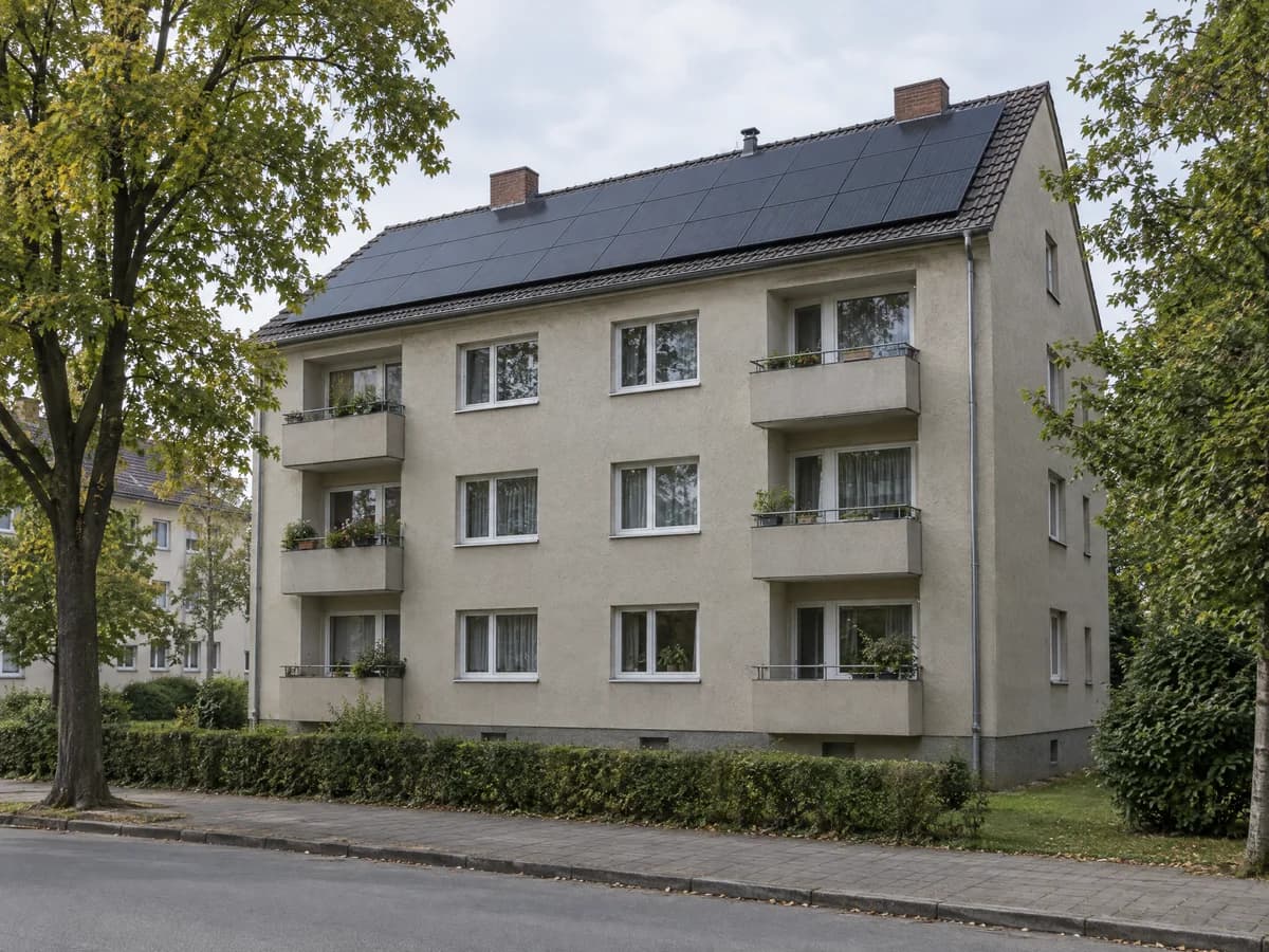 SolarX – Mehrfamilienhaus mit nachgerüsteter Photovoltaikanlage Älteres Mehrfamilienhaus mit nachgerüsteten Solarmodulen auf dem Satteldach