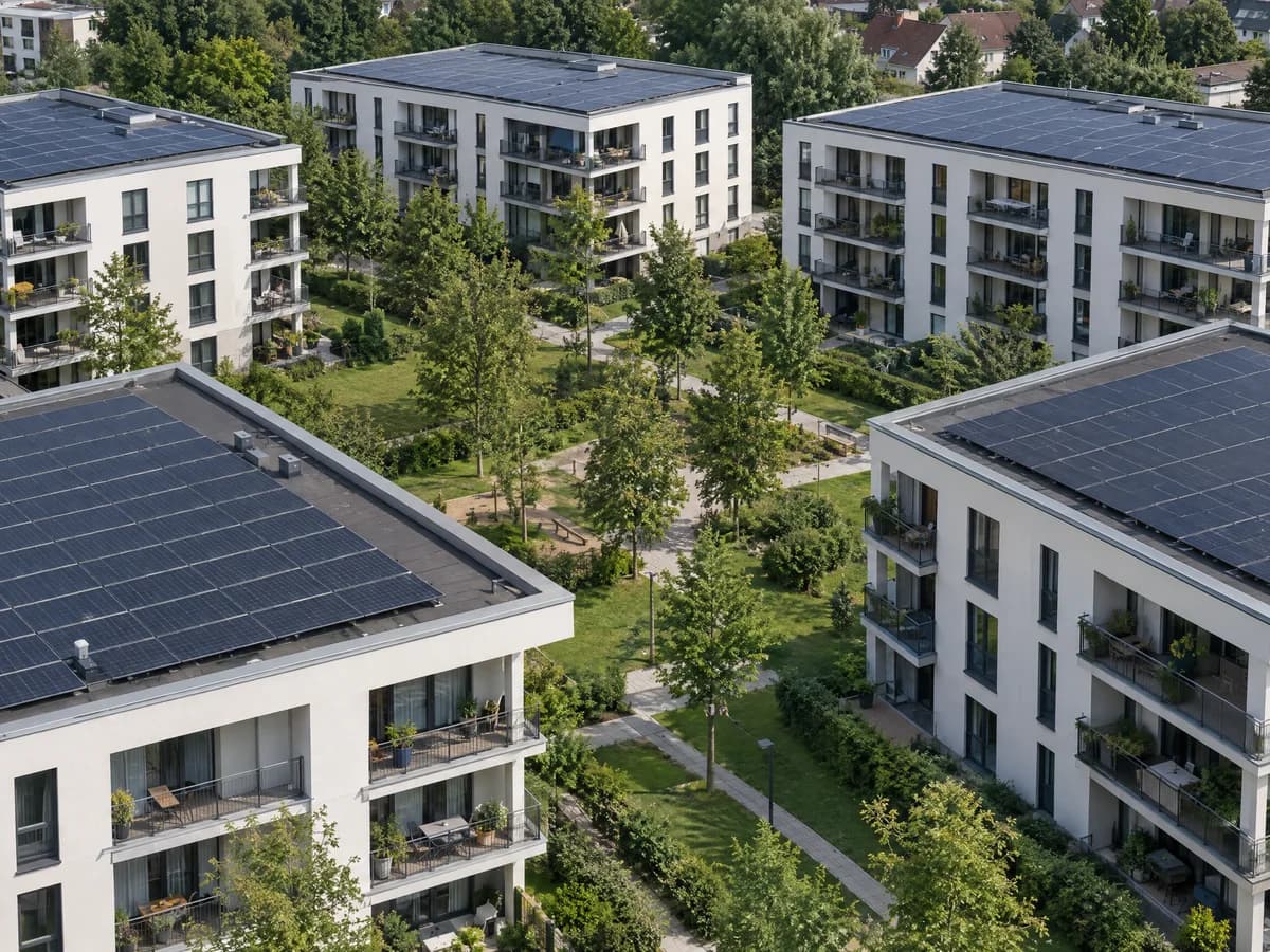SolarX – Wohnquartier mit Photovoltaik auf den Flachdächern Wohnquartier aus mehreren gleichartigen Gebäuden, auf allen Flachdächern Solarmodule
