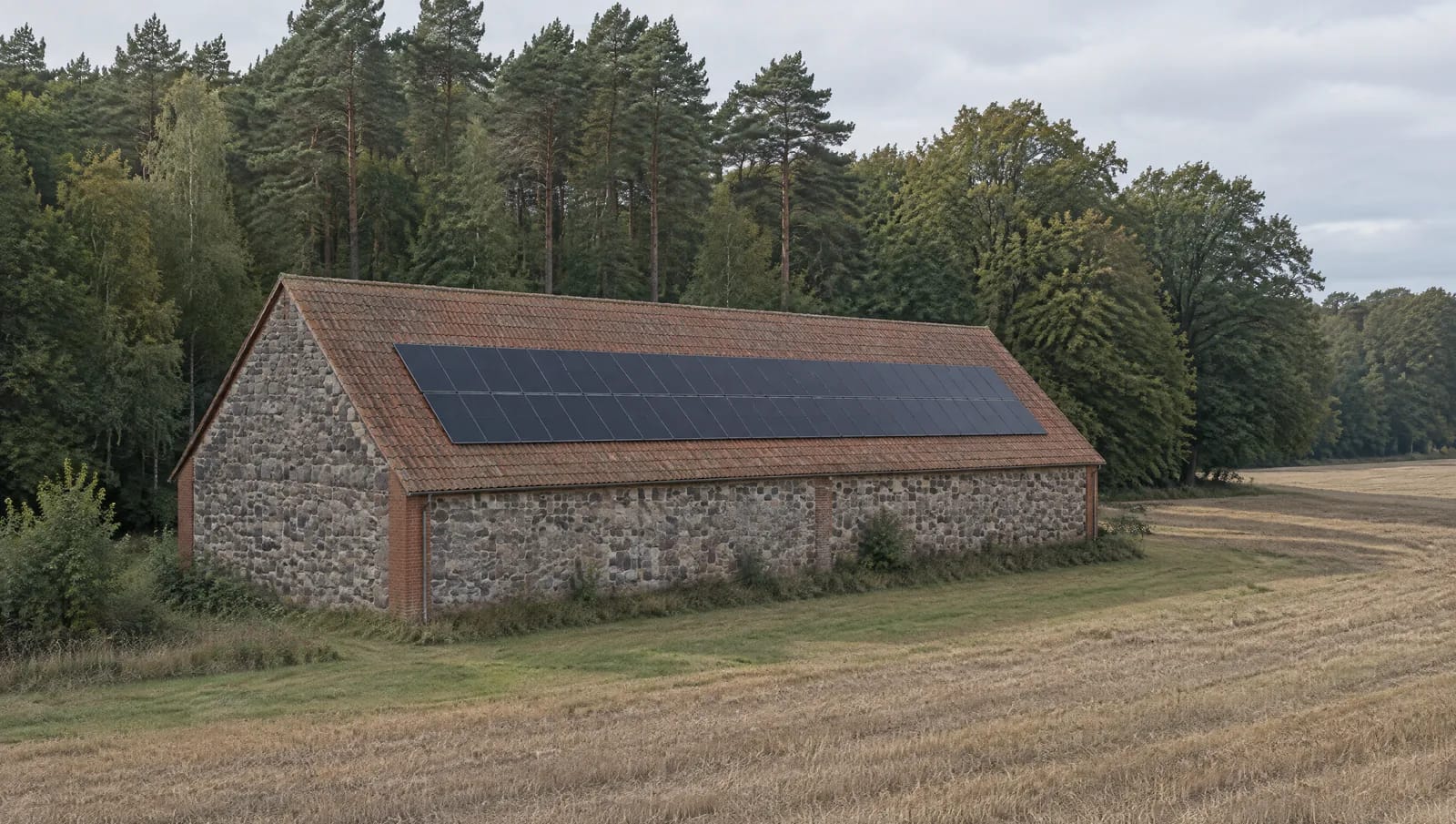 In den Angerdörfern des Barnim steht das Älteste aus Feldstein, dem billigsten märkischen Baumaterial. Die landwirtschaftlichen Nebengebäude dieser Höfe tragen die größten zusammenhängenden Dachflächen des Kreises — ungeteilt, ohne Gauben, oft nach Süden gerichtet. Weil gut sechsundvierzig Prozent der Kreisfläche Wald sind, stehen Kiefern und Buchen vielfach direkt an der Grundstücksgrenze und oft höher als der First. Das Bild zeigt genau diese Lage: viel Fläche, und ein Schattenverlauf, der über Modulbelegung und Stringaufteilung entscheidet. Weiter Blick über ein Angerdorf im Landkreis Barnim: eine lange Feldsteinscheune mit rotem Biberschwanzdach, darauf zwei geschlossene Reihen dunkler Module, dahinter Kiefern und Buchen, die am späten Vormittag Schatten auf den First werfen.