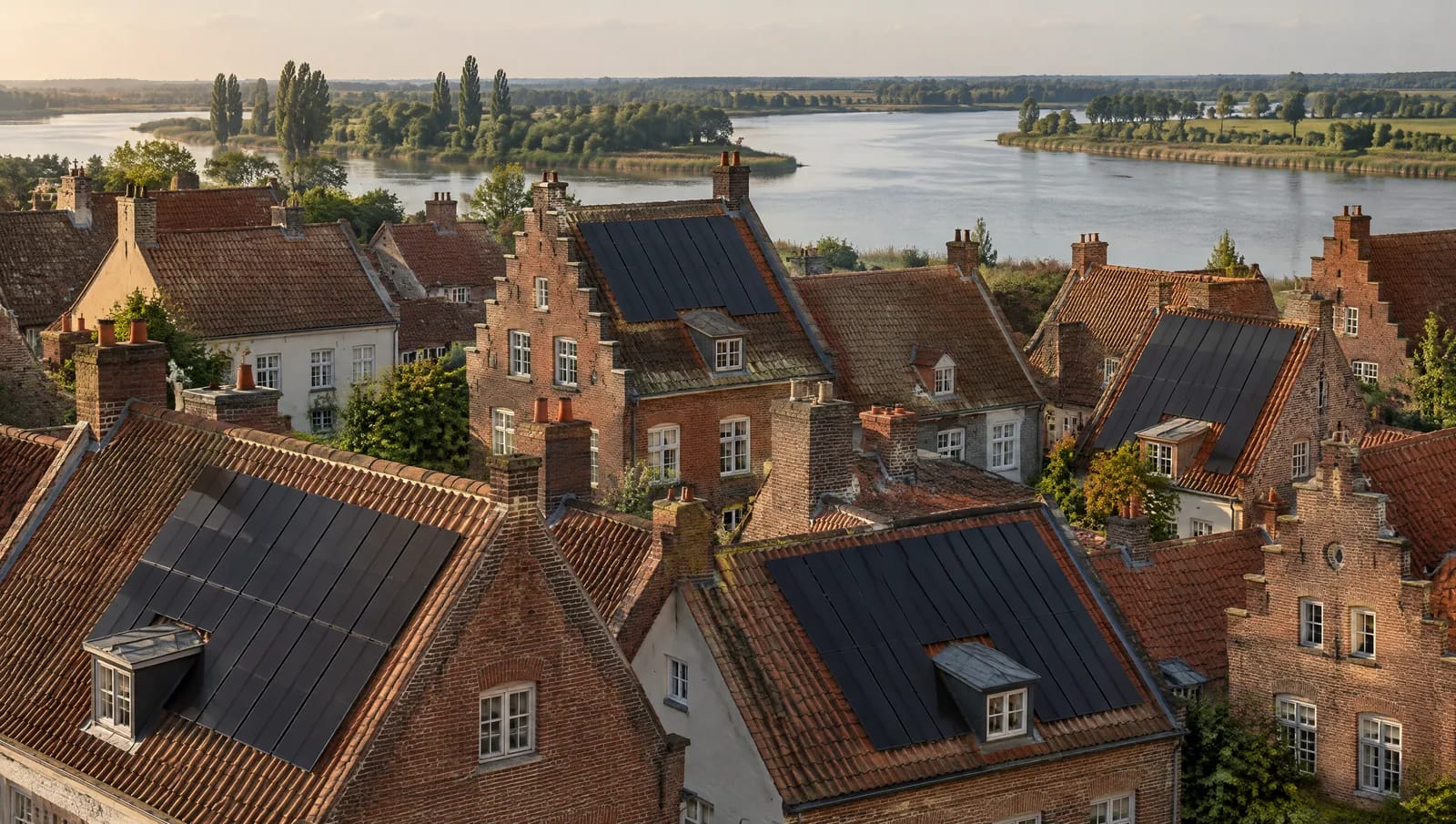 Altstadt und Neustadt wurden erst 1715 eine Stadt, und beide sind Backstein: steile Satteldächer mit roten Ziegeln, Giebel an Giebel auf schmalen Parzellen, dazwischen Schornsteine und kleine Gauben. Das ist die Dachlandschaft, die Brandenburg an der Havel von außen prägt. Für die Planung heißt sie enge Flächen, Verschattung durch den Nachbargiebel und eine Belegung, die Grat, First und Ortgang frei lässt. Das Bild zeigt genau diesen Fall, nicht das freistehende Haus am Stadtrand. Blick von oben über eine dicht bebaute Backsteinaltstadt mit steilen, rot gedeckten Satteldächern, Schornsteinen und Giebeln; auf mehreren Südflächen liegen schwarze Solarmodule in engen Reihen, dahinter ein ruhiger Flussarm mit Schilf. Veranschaulichung einer Dachlandschaft, wie sie in Brandenburg an der Havel vorkommt.