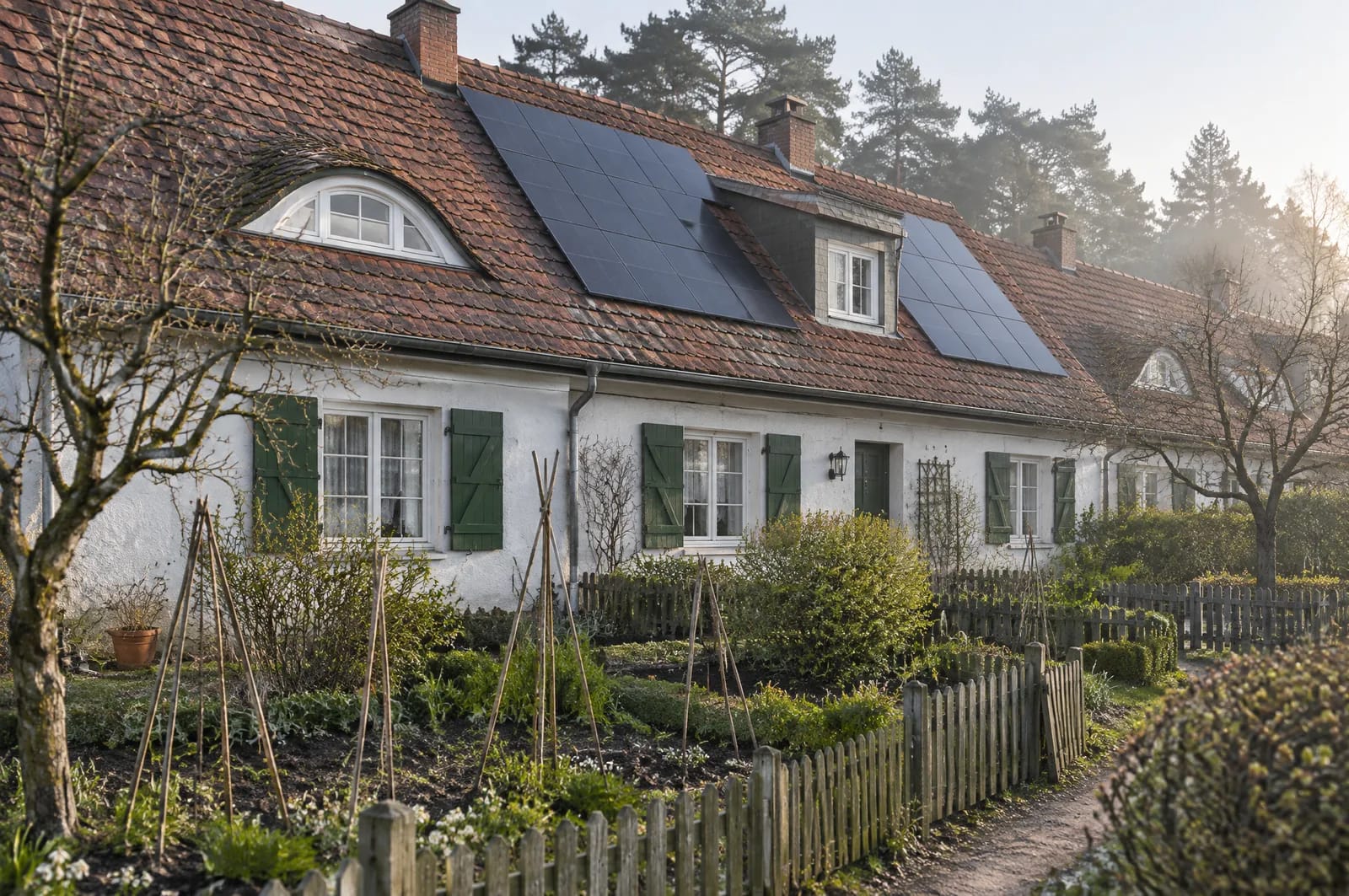 Die zweite Schicht des Baubestands sind die Werkssiedlungen: rund 300 Reihenhäuser der Gartenstadt Plaue von 1916/17, dazu die Eisenbahnersiedlungen in Kirchmöser und die Siedlungen in Görden. Die Häuser sind überwiegend eingeschossig, und Giebelelemente, Fledermausgauben und Dachhechte zerschneiden die Dachfläche in schmale Felder. Hier entscheidet nicht die Himmelsrichtung allein, sondern wie viel zusammenhängende Fläche zwischen den Gauben bleibt. Das Bild zeigt den Gegensatz zur dichten Altstadt: niedrig, gleichförmig, viel Garten. Nahsicht auf eine Reihe eingeschossiger Arbeiterhäuser der 1920er Jahre mit steilen braunroten Biberschwanzdächern, einer Fledermausgaube und einem Dachhecht; zwischen den Gauben liegen dunkle Module in liegenden Reihen, davor tiefe Gärten mit Lattenzäunen. Veranschaulichung eines Siedlungstyps, wie ihn Brandenburg an der Havel kennt.