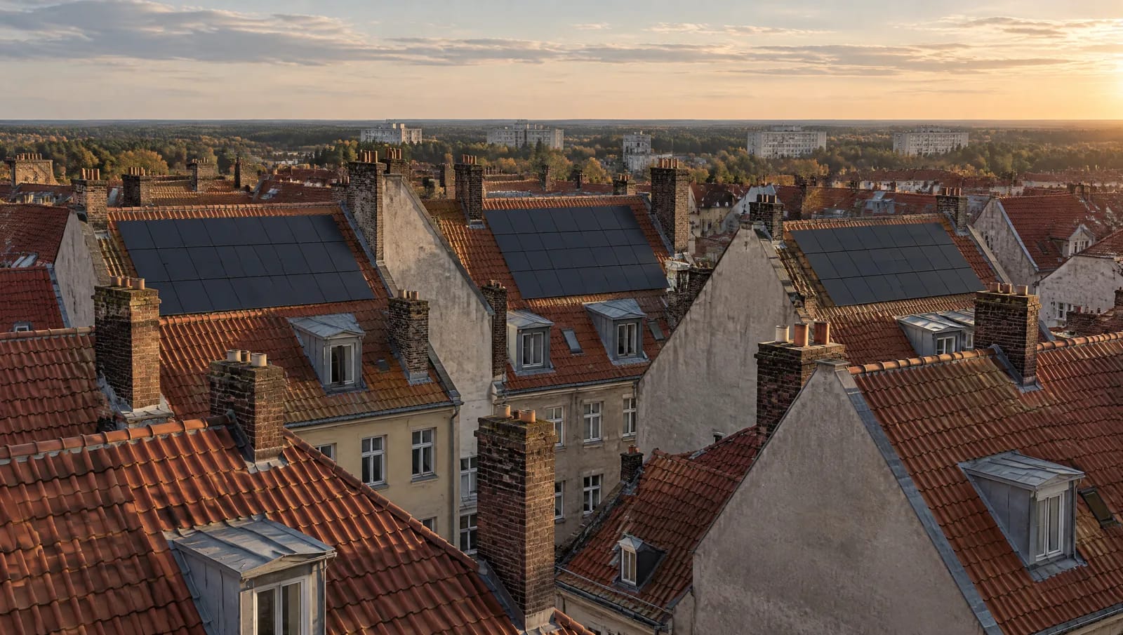Etwa ein Drittel des Cottbuser Gebäudebestands stammt aus der Zeit vor dem Zweiten Weltkrieg. Den Ton geben dabei die Mietshäuser der westlichen Stadterweiterung an: steile Satteldächer über vier bis fünf Geschossen, rote Ziegeleindeckung, hohe Schornsteine, schmale Gauben. Hier gilt Satzungsschutz, und das Erscheinungsbild der Dachfläche ist Teil davon. Module werden deshalb flach auf die Deckung gelegt, in geschlossenen Rechtecken, möglichst auf den von der Straße abgewandten Seiten. Genau diese Situation zeigt das Bild. Blick über eine Dachlandschaft in Cottbus: vier- und fünfgeschossige Gründerzeithäuser mit steilen, rot gedeckten Ziegeldächern, Schornsteinen, Zinkgauben und gemauerten Brandwänden. Auf mehreren Dachflächen liegen schwarze Solarmodule in ruhigen Reihen; am Horizont die flachen Dächer der Großwohnsiedlungen.