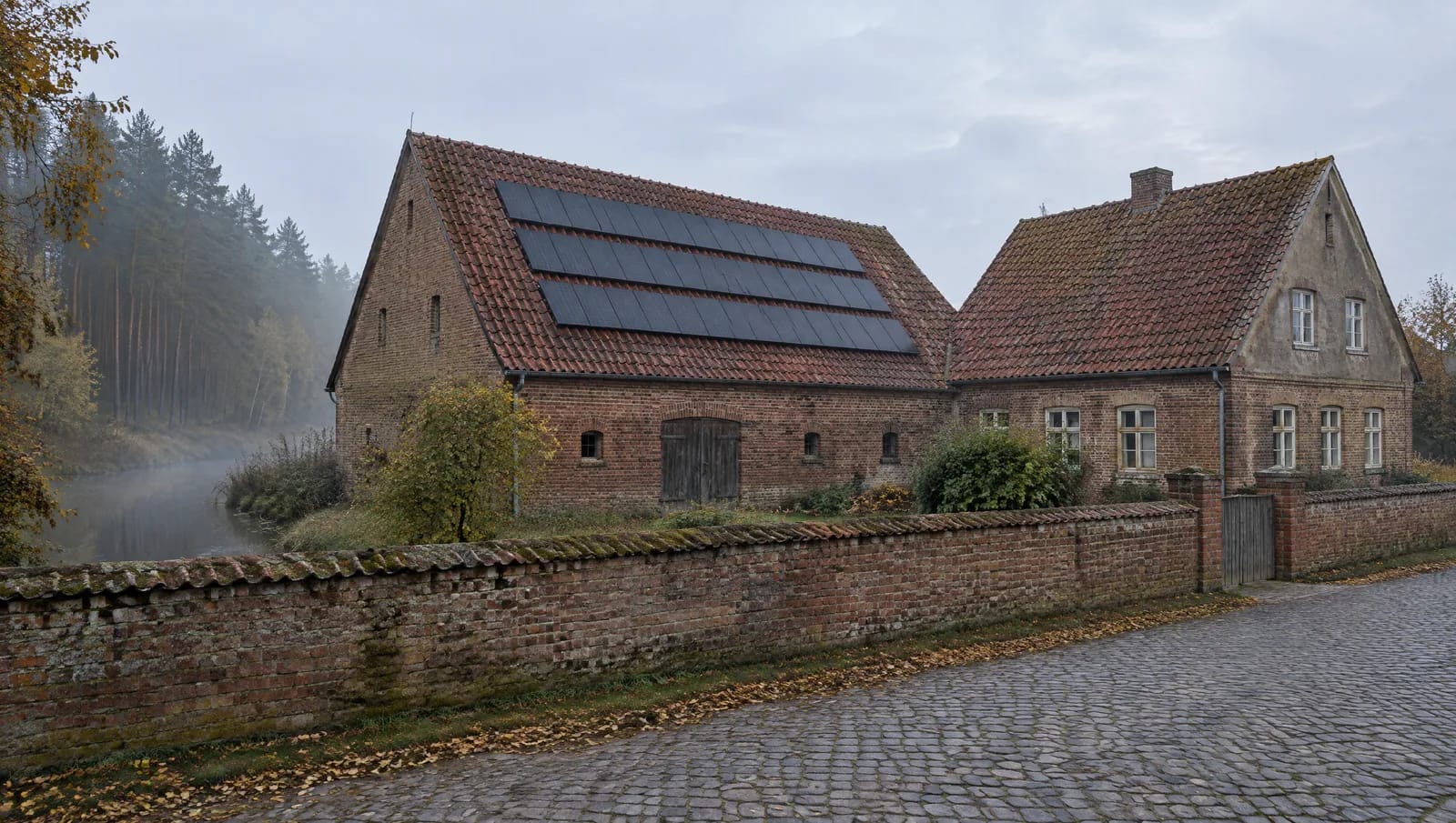 Oberhavel hat Berlin gedeckt: Bei Zehdenick wurden 1887 große Tonlager entdeckt, zwei Jahrzehnte später brannten dort 57 Ringöfen rund 625 Millionen Mauerziegel im Jahr. Aus diesen Steinen sind die Berliner Mietshäuser gebaut — und die Höfe im Norden des Kreises gleich mit. Das Bild zeigt den Bestand, der daraus folgt: Ziegelmauerwerk, steile Pfannendeckung, ein Dachstuhl von entsprechendem Alter. Die Modulfläche bleibt bewusst von First und Ortgang abgesetzt, so wie es auf solchen Dächern üblich ist. Steiles Scheunendach in einem Dorfkern im Norden von Oberhavel: handstrichrote Hohlpfannen auf altem Dachstuhl, stellenweise ausgebessert, darauf drei Reihen anthrazitfarbener Module mit Abstand zu First und Ortgang; daneben ein Ackerbürgerhaus am Kopfsteinpflaster, dahinter Kiefernwald und ein stiller Flussarm im Morgennebel.