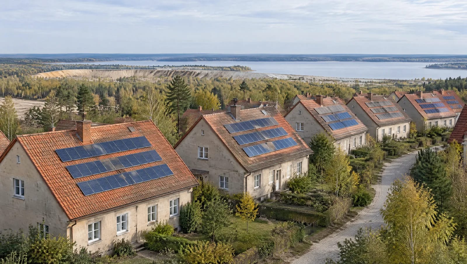 Gezeigt ist der Dachtyp, der im Landkreis Oberspreewald-Lausitz am häufigsten eine durchgehende Modulbelegung erlaubt: das steile Ziegeldach der Werks- und Gartenstadtsiedlungen, wie sie ab 1907 für die Bergbau- und Chemiebelegschaften zwischen Senftenberg, Brieske, Schwarzheide und Ruhland entstanden sind. Die Häuser folgen wenigen Grundentwürfen, deshalb wiederholen sich Neigung, Sparrenabstand und Eindeckung über ganze Straßenzüge. Im Hintergrund steht die zweite Prägung des Kreises: die geflutete Bergbaufolgelandschaft des Lausitzer Seenlandes. Viele dieser Siedlungen stehen unter Denkmalschutz — die Belegung ist dort erlaubnispflichtig. Weiter Blick über eine zweigeschossige Gartenstadtsiedlung im Landkreis Oberspreewald-Lausitz: steile Walm- und Satteldächer mit verwitterten roten Tonziegeln, darauf vier Reihen matter dunkler Solarmodule, dahinter Birkenaufwuchs, sandige Böschung und ein stiller See der Bergbaufolgelandschaft.