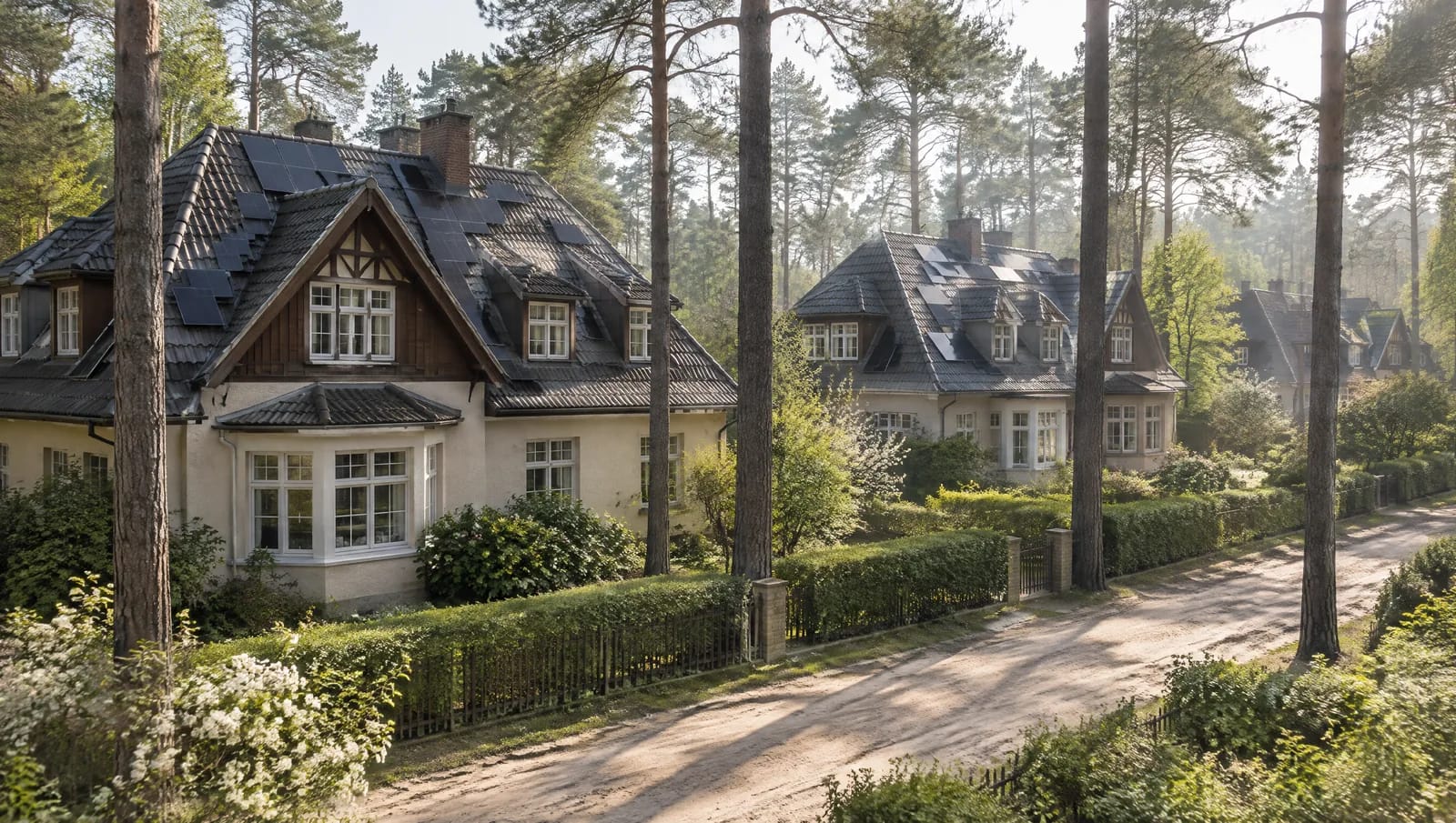 Im Westen des Landkreises Oder-Spree, in Schöneiche und Woltersdorf, stehen Landhaus- und Villensiedlungen, die um 1900 für Berliner angelegt wurden; in Woltersdorf kaufte Bruno Wilhelmi 1902 die Äcker auf und legte die Siedlung Schönblick an. Der Dachtyp ist entsprechend: steil, kleinteilig, mit Gauben, Erkern und Kehlen. Rechteckige Dachflächen sind hier die Ausnahme. Dazu kommen alte Kiefern auf den Grundstücken. Die Verschattung über den Tag gehört deshalb gemessen, bevor die Modulzahl feststeht. Straßenansicht einer Landhaussiedlung im Landkreis Oder-Spree: steile, dunkel engobierte Ziegeldächer mit mehreren Gauben und Erkern, dazwischen kurze, unterbrochene Modulreihen, die um die Aufbauten herumgeführt sind, alte Kiefern werfen lange Schatten über die Dachflächen.