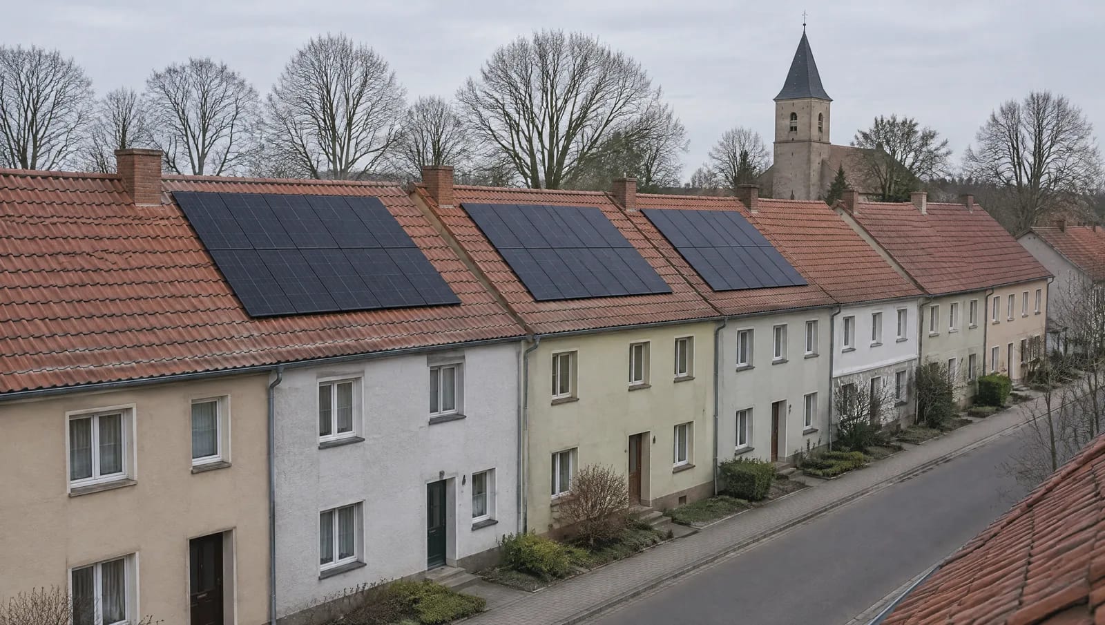 Nach dem Brand von 1787 wurde Neuruppin von 1788 bis 1803 nach einem einheitlichen Grundriss wieder aufgebaut; ein Reglement schrieb Bauweise, Geschosszahl, Dachneigung und Fensterzahl vor. Das Ergebnis sind lange Zeilen zweigeschossiger Traufhäuser mit gleicher Neigung und gleicher Firsthöhe. Für eine Photovoltaikanlage bedeutet das große, ungestörte Rechtecke ohne Gauben — und zugleich eine Dachlandschaft, die als Ganzes wirkt, weshalb in solchen Lagen die Denkmalschutzbehörde über Farbe und Lage der Module mitentscheidet. Blick über eine lange Zeile zweigeschossiger Traufhäuser in Ostprignitz-Ruppin: verputzte Fassaden, einheitlich geneigte Satteldächer in roter Biberschwanz-Doppeldeckung, auf drei Dachflächen liegen dunkelblaue Module in geschlossenen Rechtecken, darüber bedeckter Himmel, im Hintergrund Kirchturm und Baumreihe.