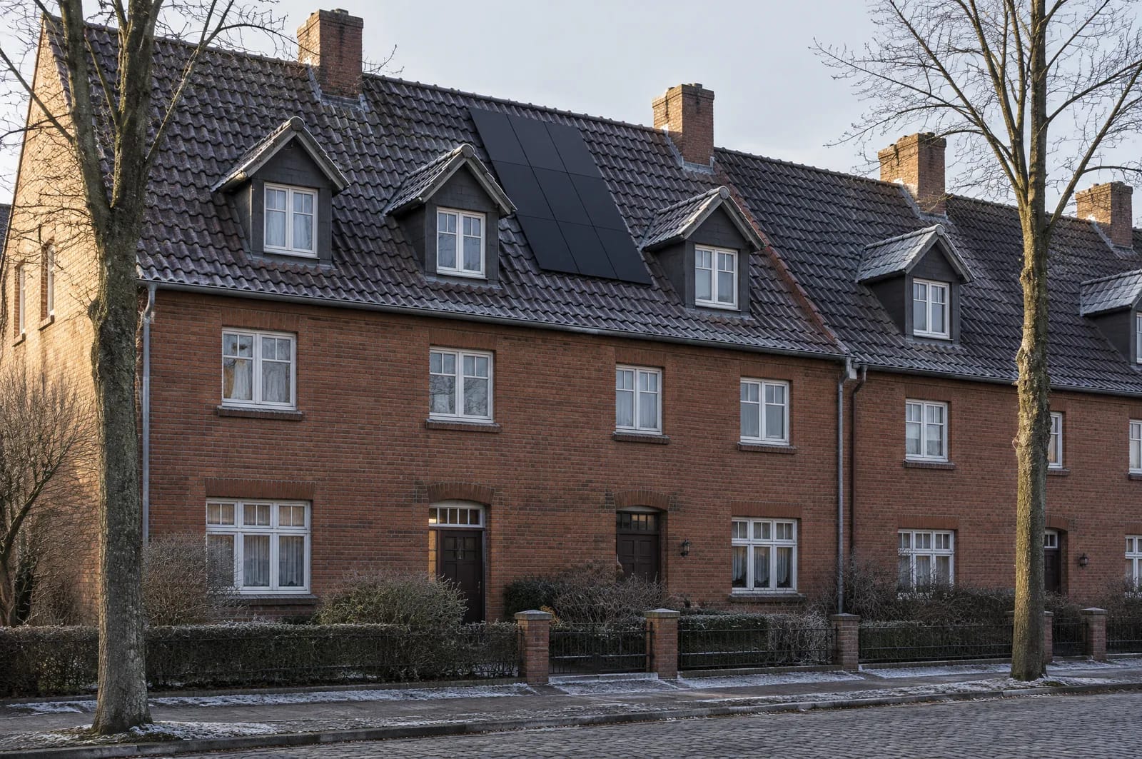 Wittenberge ist eine Industriestadt des späten 19. Jahrhunderts; dazu gehören Gründerzeitblöcke und ganze Zeilen gleichartiger Arbeiterwohnhäuser. Solche Dächer sind steil, kleinteilig in Ton gedeckt und durch Gauben und Schornsteine unterbrochen. Jede durchgehende Modulreihe endet dort früher, als die Dachfläche vermuten lässt. Die nutzbare Fläche ergibt sich aus den Abständen zwischen den Aufbauten, aus der Lattung und aus dem Zustand des Dachstuhls — gemessen wird am Haus, nicht am Baujahr der Straße. Nahaufnahme einer Zeile gleichartiger Ziegelhäuser im Landkreis Prignitz: steile Satteldächer mit dunklen Biberschwanzziegeln, kleine Gauben und hohe Schornsteine. Zwischen zwei Gauben liegt ein kompaktes Feld schwarzer Module, das den First nicht erreicht. Tiefstehende Wintersonne streift über die Dachfläche.