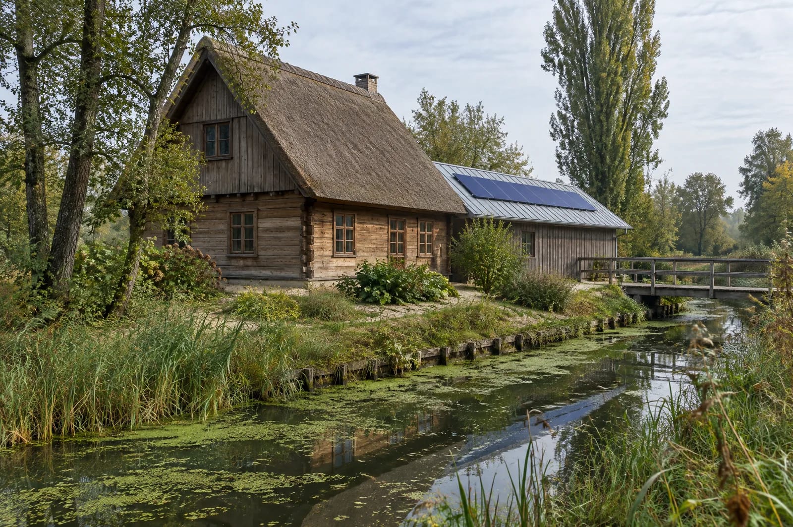 In Burg stehen die Höfe verstreut auf Kaupen, gebaut aus bis zu fünfzehn Zentimeter starken Blockbohlen aus Kiefer oder Fichte und gedeckt mit Reet, rund fünfzig Grad steil, damit das Wasser abläuft. Auf einem solchen Rohrdach ist eine Belegung die Ausnahme: weiche Bedachung, Brandschutz und die fehlende tragende Unterkonstruktion sprechen dagegen. Die Fläche findet sich dann meist auf einem Nebengebäude mit Blech- oder Ziegeldeckung — das Hauptdach bleibt frei. Spreewaldhof im Landkreis Spree-Neiße auf einer Kaupe zwischen Fließen: Das Blockbohlenhaus trägt ein steiles Rohrdach ohne Module. Auf dem flacheren Trapezblechdach des niedrigeren Nebengebäudes daneben liegt eine einzelne Reihe dunkler Module. Erlen, Schilf und ein hölzerner Steg umgeben den Hof.