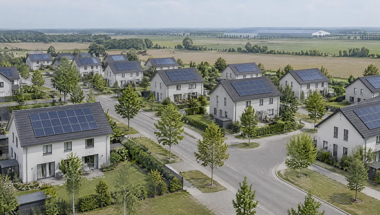 Die Teltow-Hochfläche ist eine flachwellige Grundmoräne zwischen 45 und 60 Metern Höhe. Auf ihr liegt der Berliner Pendlergürtel des Landkreises Teltow-Fläming: Großbeeren, Blankenfelde-Mahlow, Rangsdorf, Ludwigsfelde. Der Baubestand dort ist überwiegend jung — Satteldächer um 35 Grad, Betondachstein, wenige Aufbauten, dazu Gewerbe- und Logistikhallen mit weiten Trapezblechflächen. Für eine Dachanlage heißt das: viel zusammenhängende Fläche und gleichmäßige Ausrichtung, dafür Fragen an Hausanschluss, Zählerschrank und Platz für Wechselrichter und Speicher. Blick über ein junges Wohngebiet auf der Teltow-Hochfläche im Landkreis Teltow-Fläming: Reihen gleich hoher Satteldächer mit anthrazitfarbenen Betondachsteinen, darauf dunkle Modulfelder; am Horizont eine flache Logistikhalle mit Trapezblechdach und Modulreihen, ringsum Ackerland.