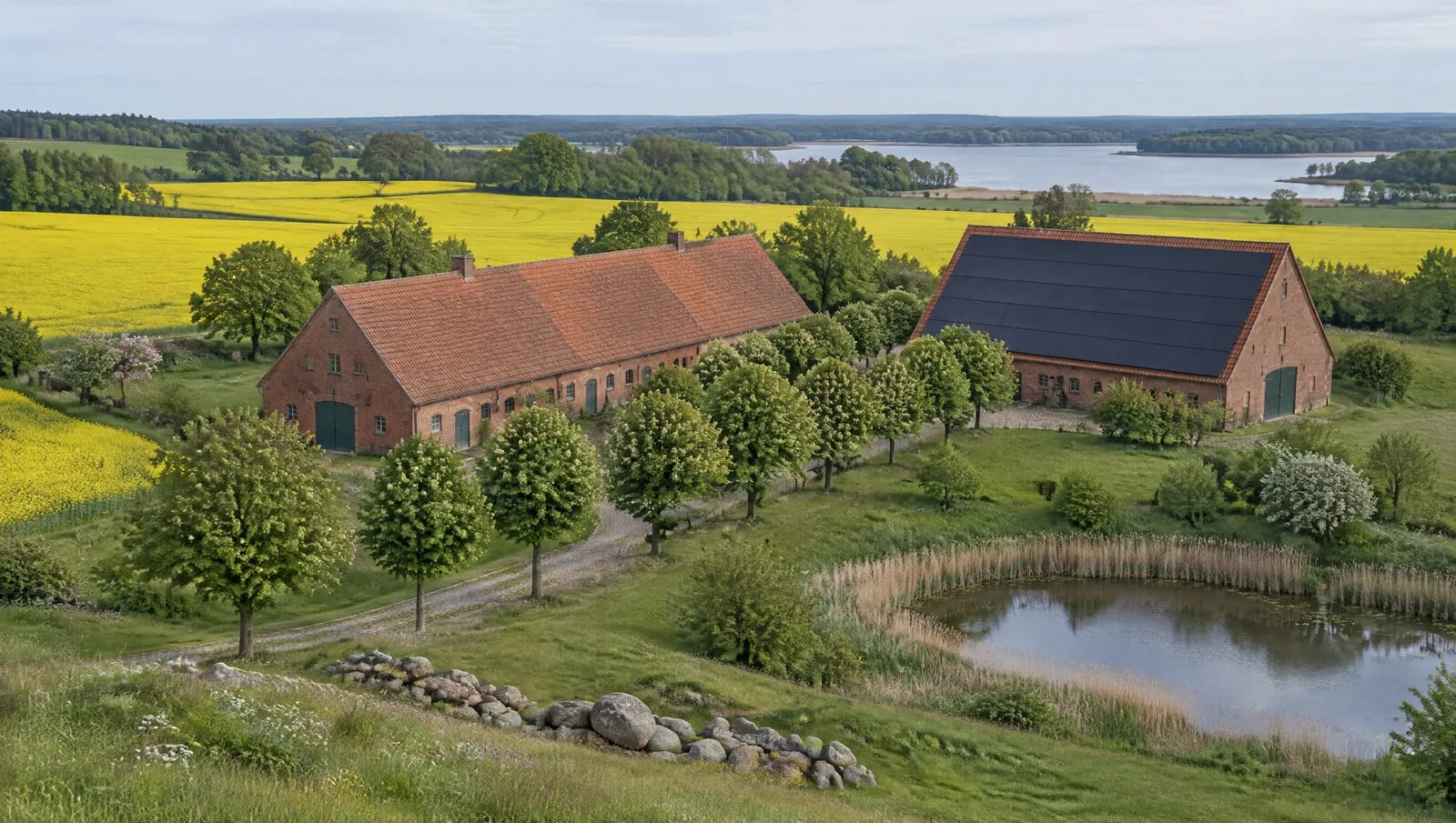 Der Landkreis Uckermark misst 3.077 Quadratkilometer und hat rund 38 Einwohner je Quadratkilometer — zwischen den Orten liegt viel Feld, Wald und Wasser. Templin allein erstreckt sich über knapp 380 Quadratkilometer, Angermünde über etwa 324 mit 23 Ortsteilen. Deshalb zählt für eine Planung der Ortsteil und nicht der Gemeindename. Draußen in den Dörfern steht der Backstein- und Feldsteinbau mit steilem Ziegeldach: freistehend, ohne verschattenden Nachbargiebel, mit großen zusammenhängenden Flächen auf Stall und Scheune. Weiter Blick über das uckermärkische Hügelland: eine Hofanlage aus rotem Backstein mit langem, steilem Satteldach in Biberschwanzdeckung, auf der Südseite ein geschlossenes Feld dunkler Module; dahinter eine Kopfsteinallee, Feldraine mit Lesesteinhaufen, ein Söll und weite Rapsschläge. Landkreis Uckermark.