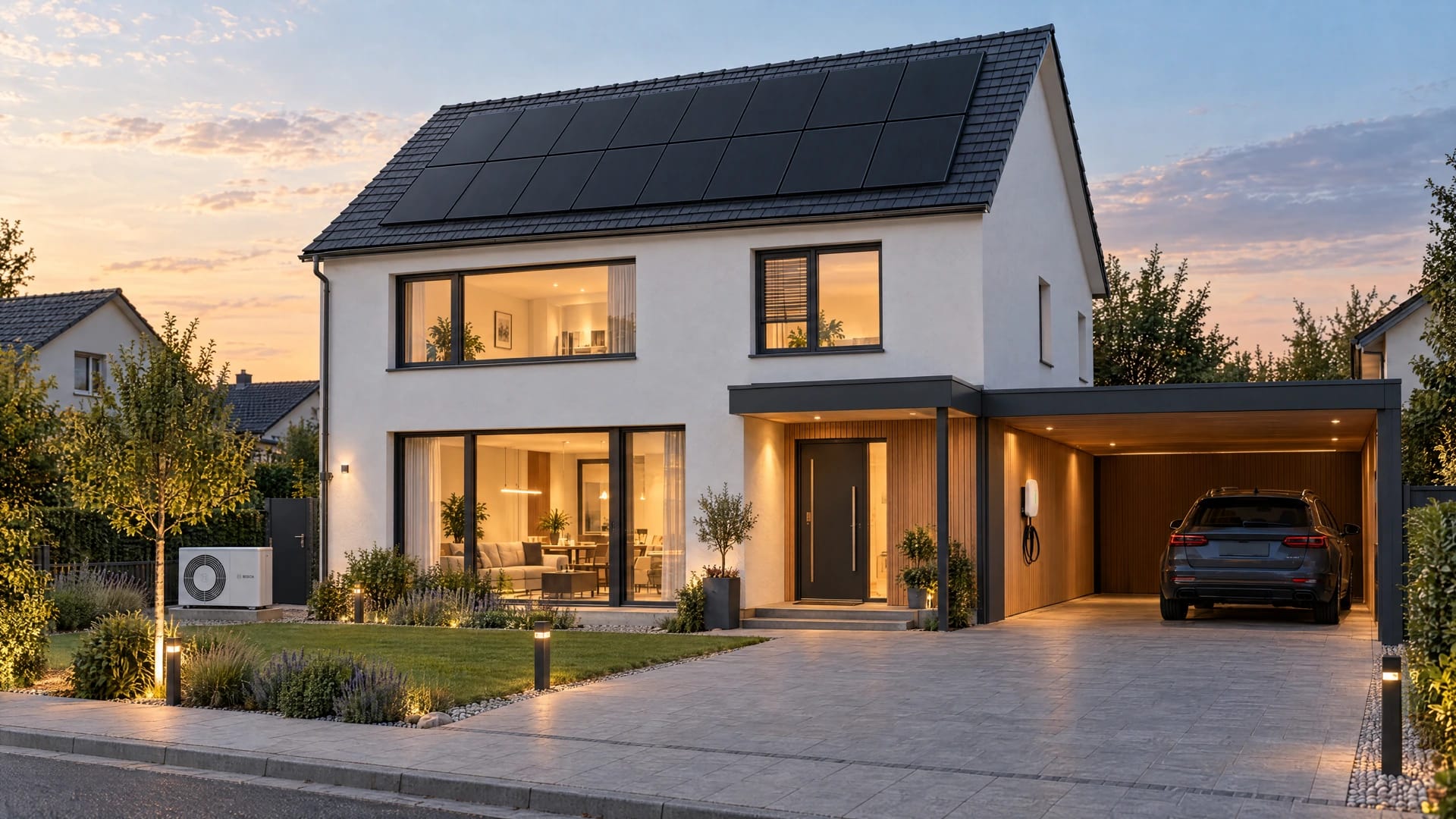 SolarX – Energiehaus mit Photovoltaik im Abendlicht Modernes Energiehaus mit schwarzen Solarmodulen, Wärmepumpe und Wallbox im Abendlicht