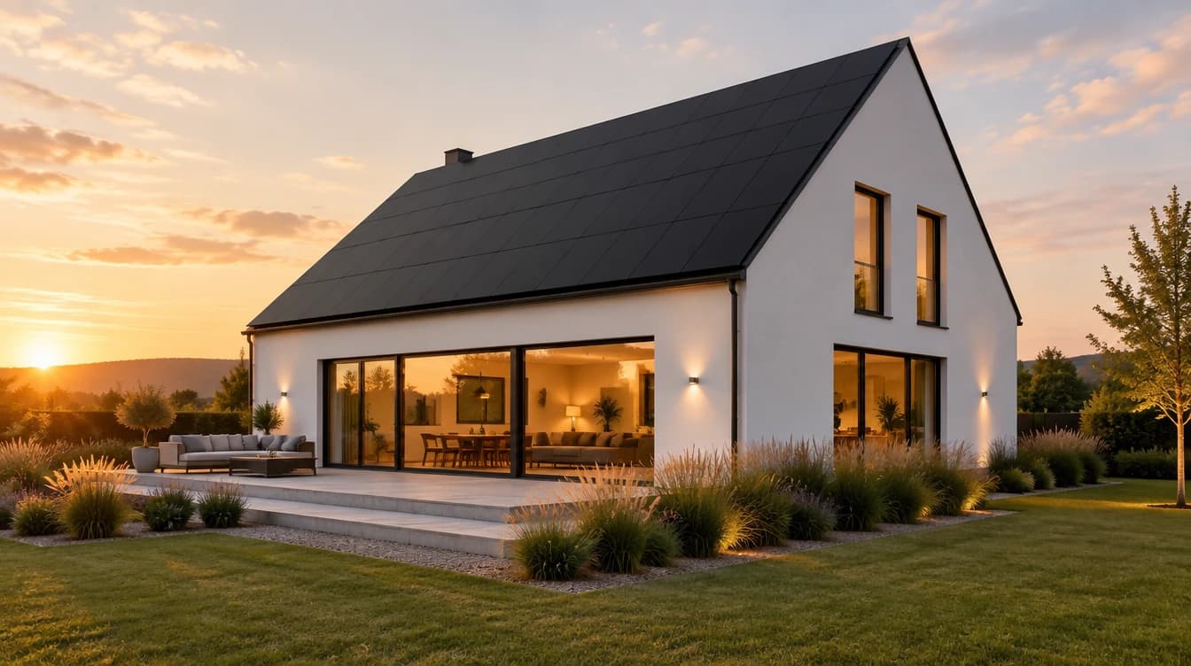 SolarX – Haus mit Solardach in der Abenddämmerung Haus mit Solardach in der Abenddämmerung