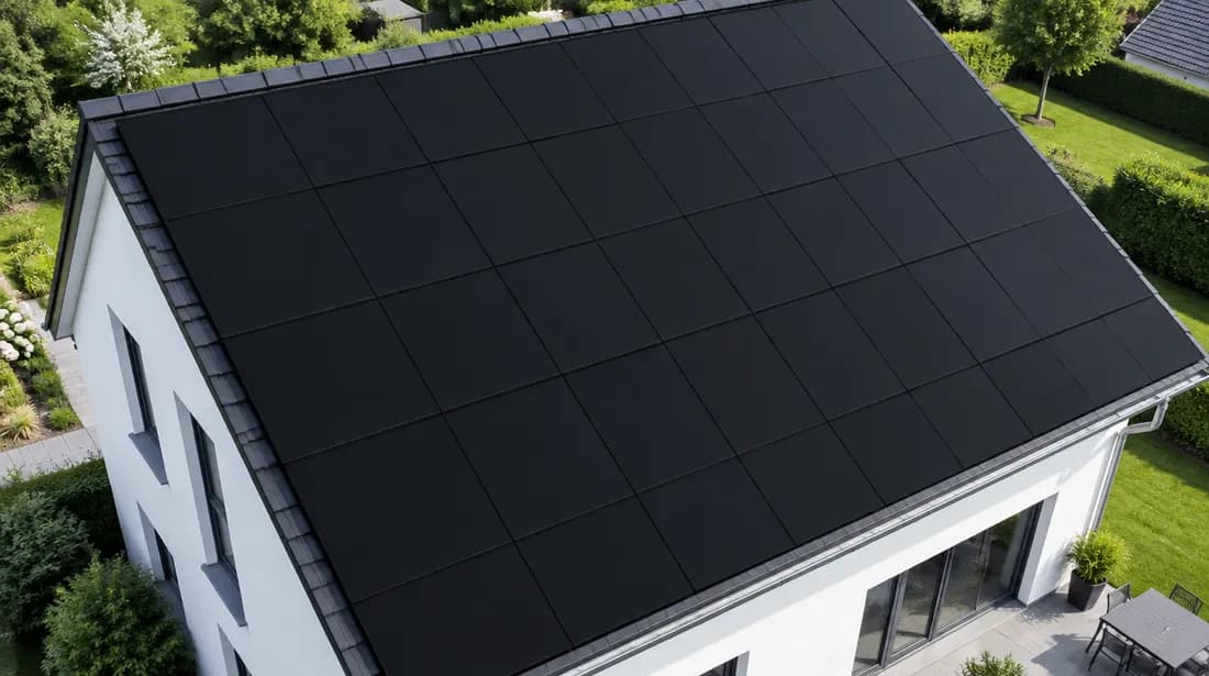 SolarX – Schwarze Photovoltaikmodule auf einem Hausdach Schwarze Photovoltaikmodule auf einem Hausdach