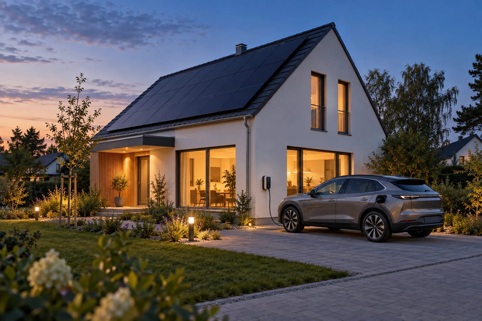 Bidirektionales Laden: Elektroauto und Haus mit Photovoltaik Illustration eines Hauses mit schwarzer Photovoltaikanlage und Elektroauto an einer Wallbox in der Abenddämmerung