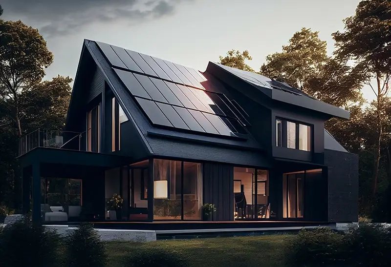 Förderung von Solaranlagen in Brandenburg Umweltfreundliche Energie für Ihr Zuhause Dunkles Architektenhaus in einer Waldlichtung in der Daemmerung: anthrazitfarbene Fassade, raumhohe Fenster mit warm erleuchteten Wohnraeumen, auskragende Terrasse; das steile Satteldach ist vollflaechig mit schwarzen Modulen belegt, am First brechen die Reihen zackig ab.