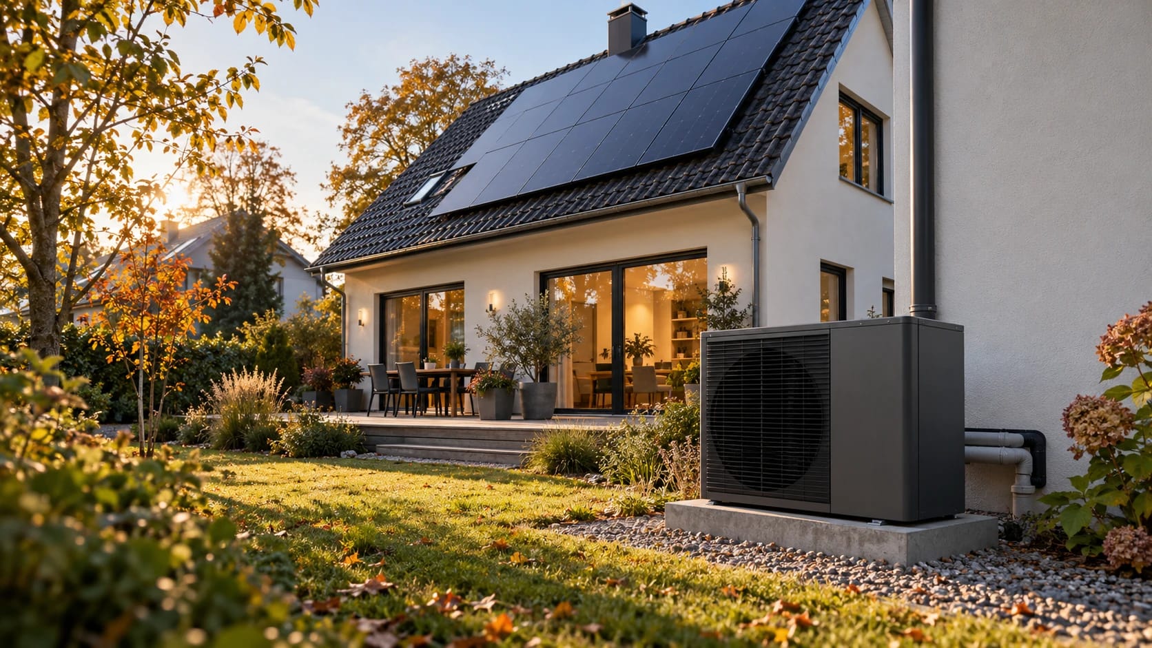 Einfamilienhaus mit Photovoltaik auf dem Dach und einer Wärmepumpe im herbstlichen Garten Einfamilienhaus mit Photovoltaik auf dem Dach und einer Wärmepumpe im herbstlichen Garten