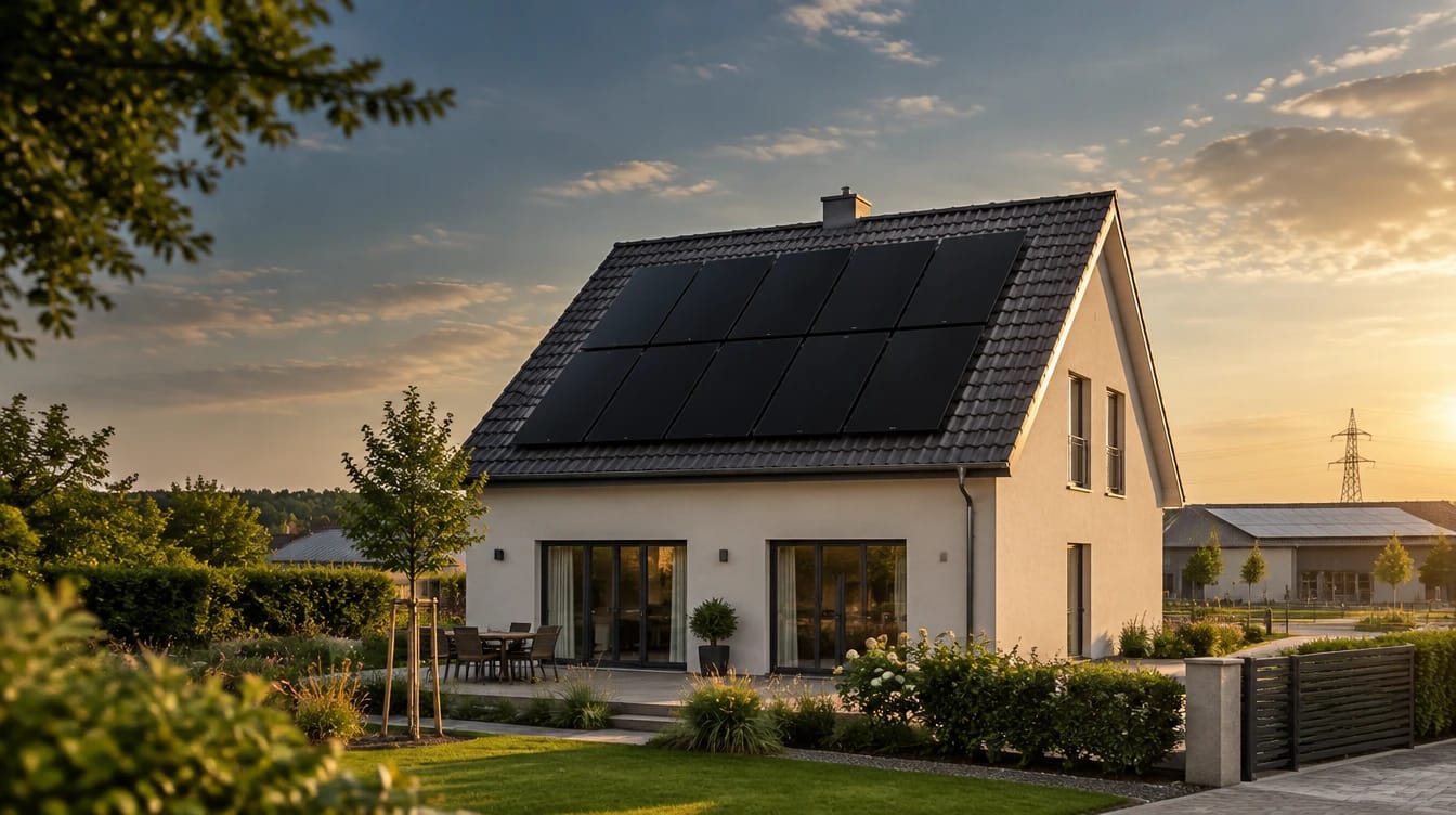 Photovoltaik-Einspeisevergütung 2027: Haus mit Full-Black-Solardach Einfamilienhaus mit schwarzen Hochkant-Solarmodulen auf einem Ziegeldach im warmen Abendlicht, im Hintergrund eine Gewerbehalle mit Photovoltaik