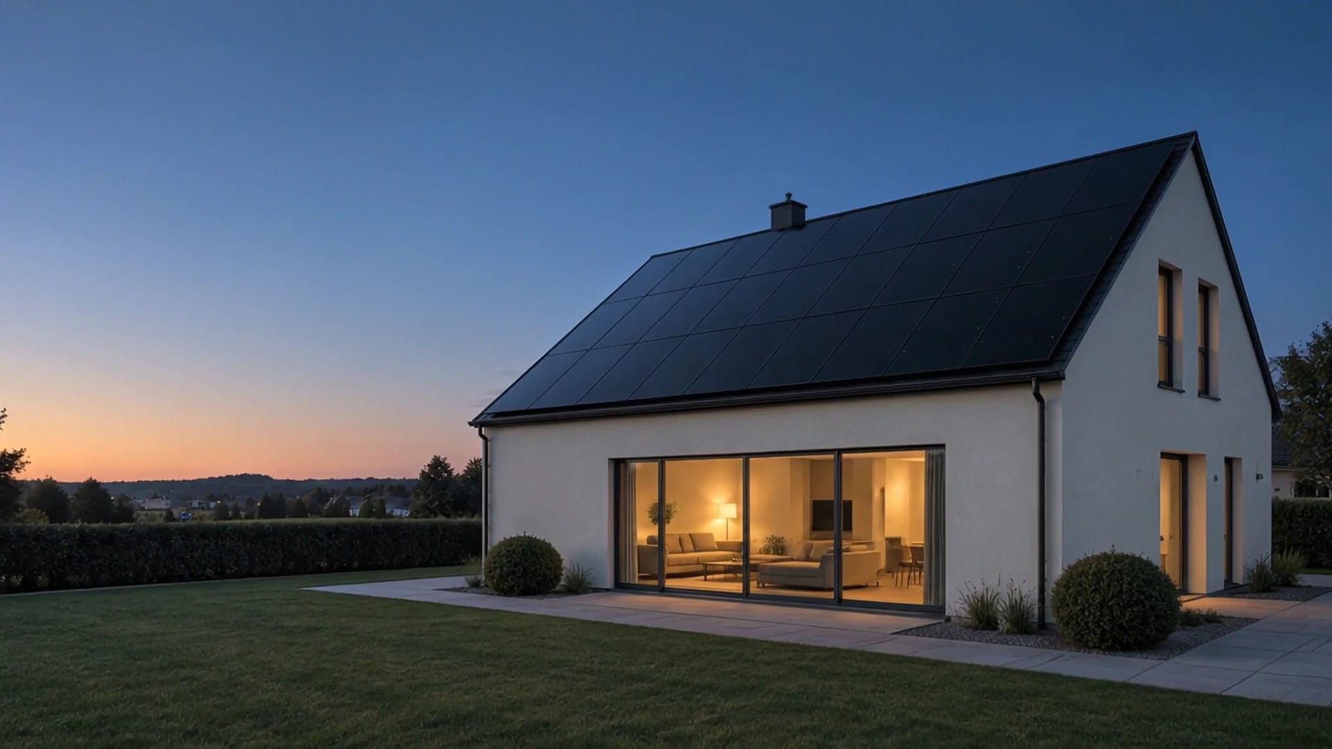 Photovoltaik und Ersatzstrom: Haus im Abendlicht Visualisierung eines beleuchteten Einfamilienhauses mit schwarzen Solarmodulen in der Abenddämmerung