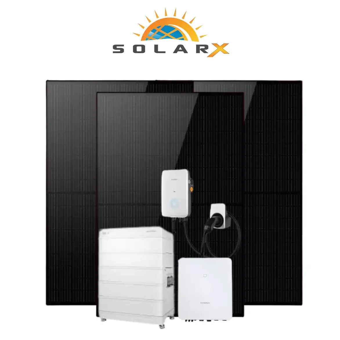 Was kostet eine Solaranlage – SolarX klärt auf! Produktmontage auf weissem Grund: oben das Logo „SolarX" mit Sonne und blauer Weltkugel, darunter zwei grosse vollschwarze Solarmodule, davor ein weisser Batteriespeicher aus gestapelten Modulen, ein Wandgeraet mit leuchtendem Ring, eine Halterung mit Ladekabel und ein Wechselrichter mit dem Schriftzug „Sungrow".