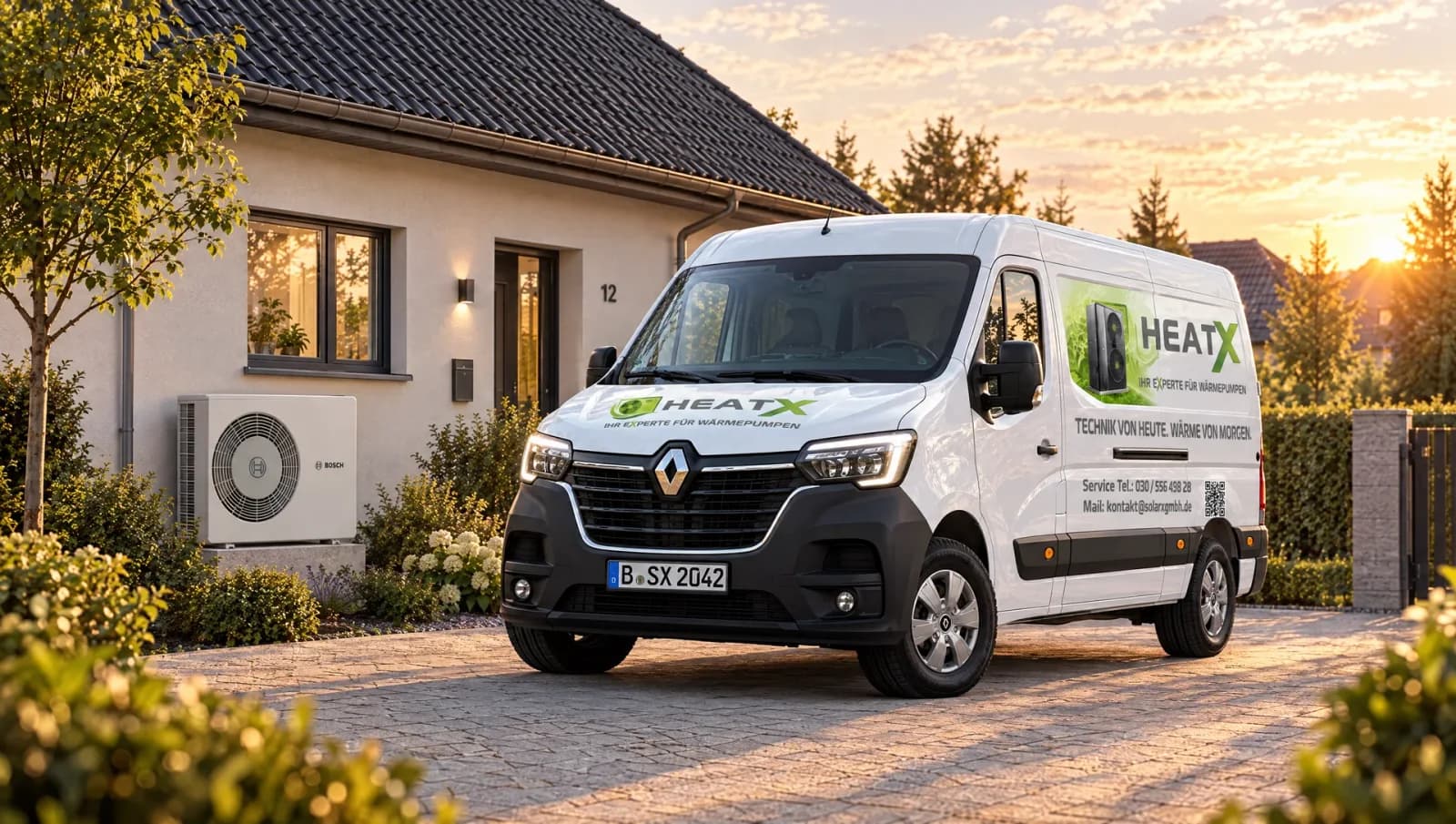 HeatX Transporter mit Firmenbeschriftung HeatX-Transporter vor einem Haus mit Wärmepumpe