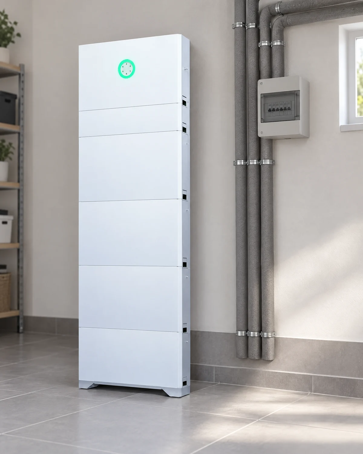 SolarX – SAJ HS3 Speicher im hellen Technikraum SAJ HS3 All-in-One als schlanker weißer Turm mit grünem Statusring, in einem hellen Technikraum neben gedämmten Leitungen