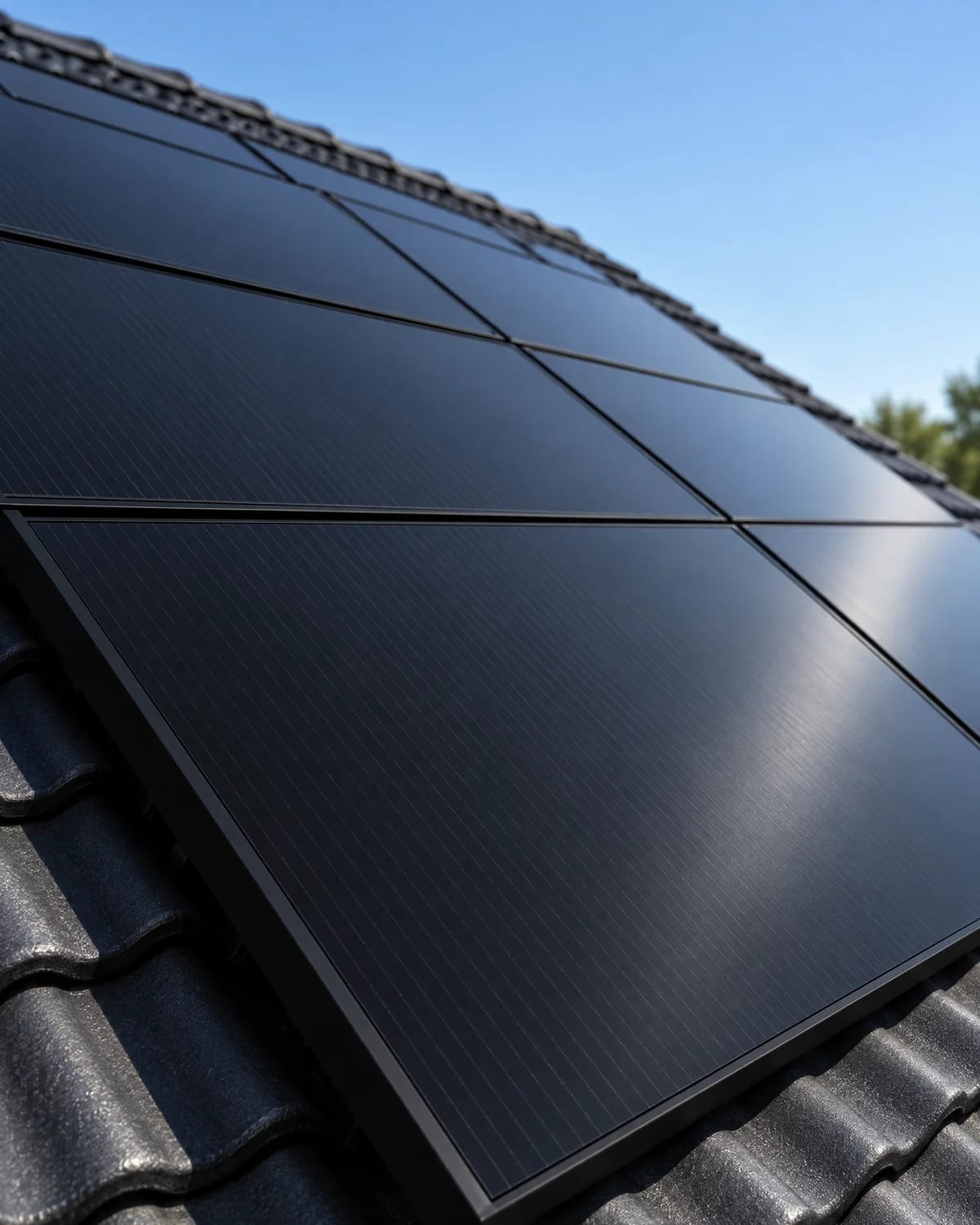 SolarX – Schwarze Solarmodule auf einem Ziegeldach Durchgehend schwarze Solarmodule auf einem Ziegeldach, flach angeschnitten im Tageslicht