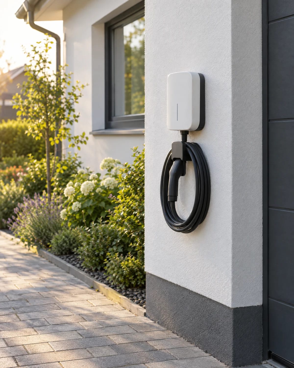 SolarX – Weiße Wallbox mit Ladekabel an einer Hauswand Weiße Wallbox an der Außenwand eines Hauses, das Ladekabel aufgerollt am Halter