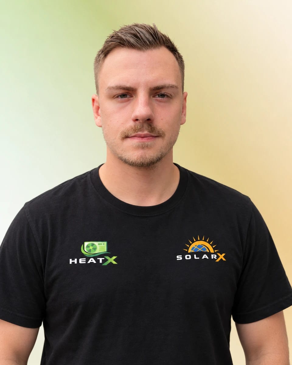 SolarX AC-Elektriker Max Max, AC-Elektriker bei SolarX, im schwarzen Teamshirt