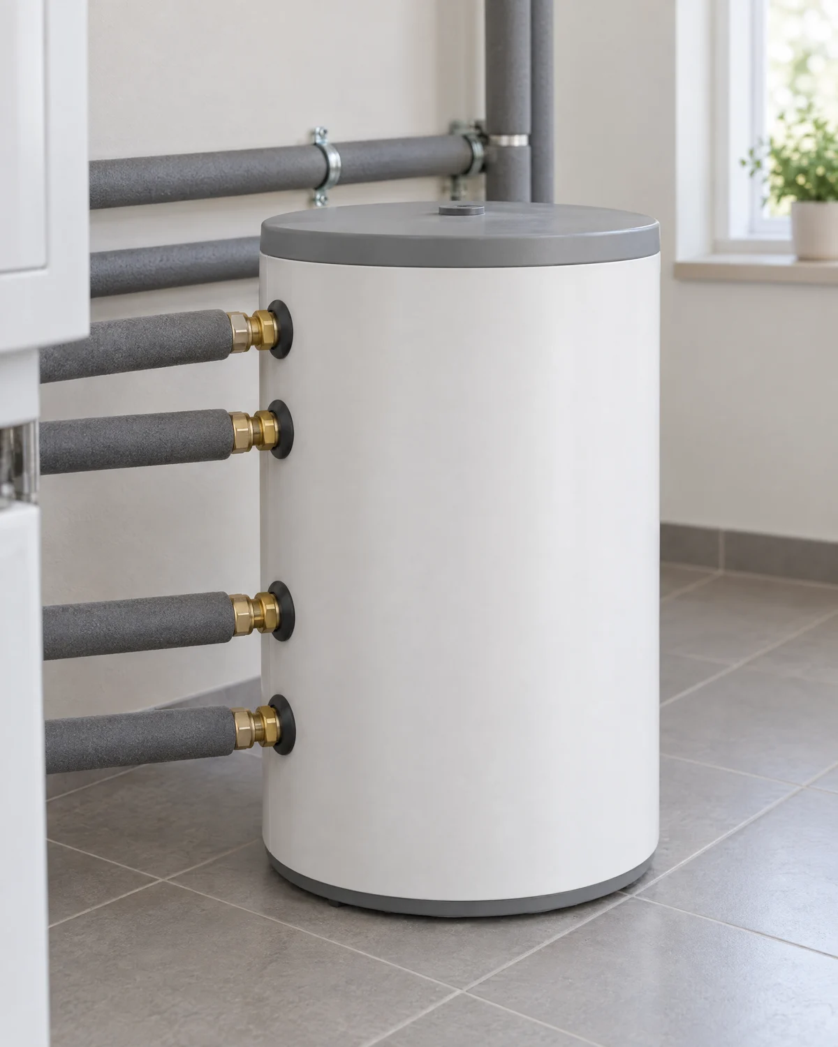 HeatX – Pufferspeicher mit gedämmten Heizungsleitungen Kleinerer weißer Pufferspeicher mit seitlichen Anschlüssen an gedämmten Heizungsleitungen