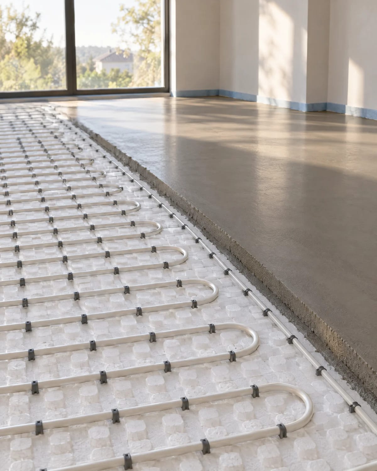 HeatX – Verlegte Heizungsrohre einer Fußbodenheizung In Schleifen verlegte Heizungsrohre auf Noppenplatten, auf einer Seite bereits mit Estrich überdeckt