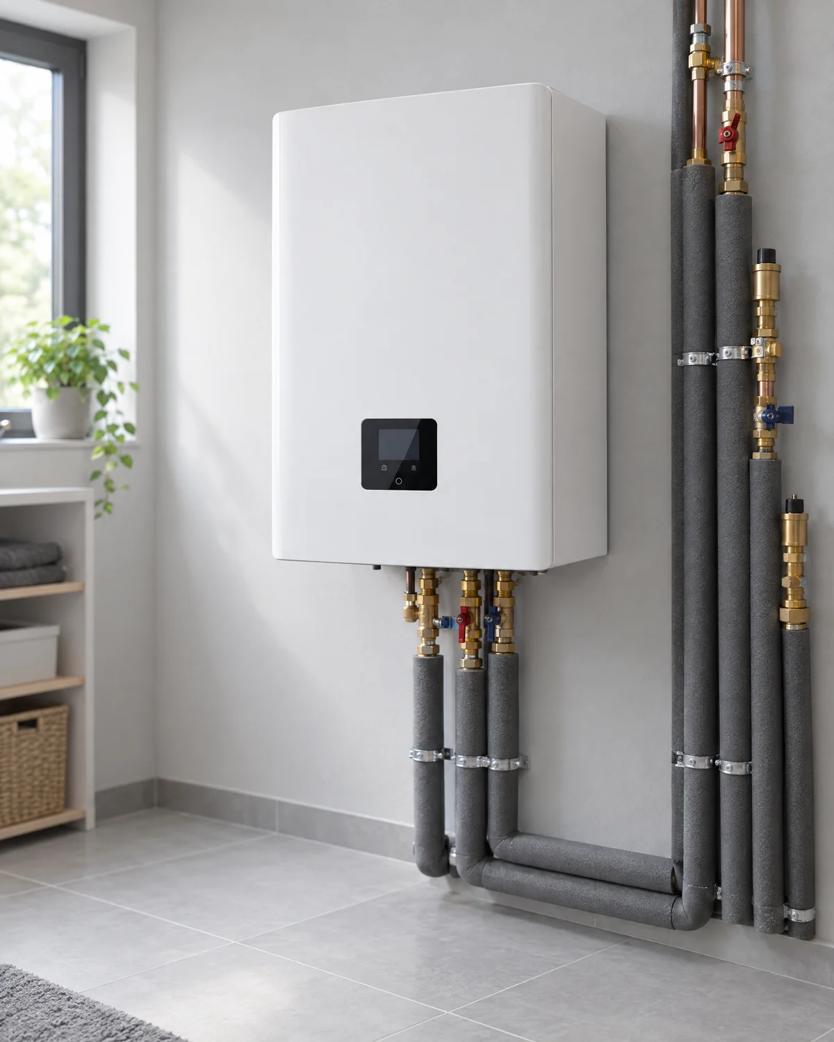 HeatX – Wärmepumpen-Inneneinheit mit Heizungsleitungen Wandhängende weiße Inneneinheit mit gedämmten Heizungsleitungen und Messingarmaturen in einem Technikraum