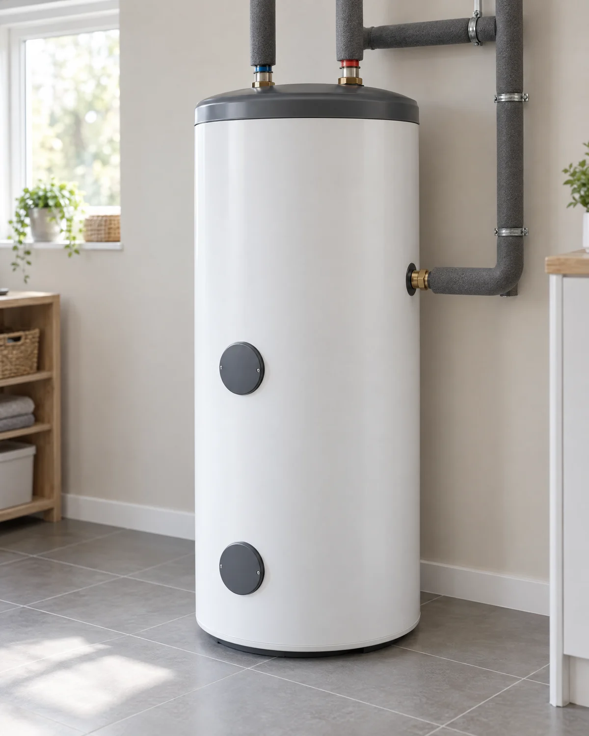 HeatX – Warmwasserspeicher im Technikraum Hoher weißer Warmwasserspeicher mit gedämmten Anschlüssen in einem hellen Technikraum