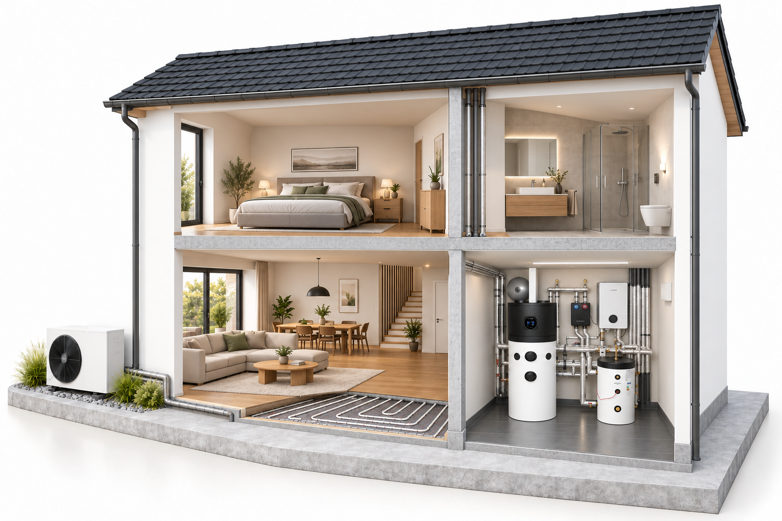 Schnittansicht eines Hauses mit Außeneinheit, Technikraum und Fußbodenheizung