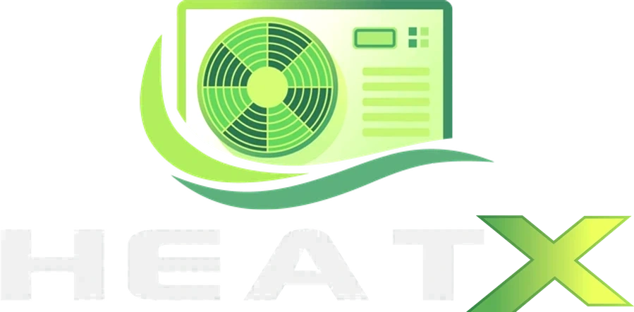 HeatX Logo mit weißer Schrift HeatX Bild-Wort-Marke mit grünem Wärmepumpensymbol, weißer Schrift und grünem X.