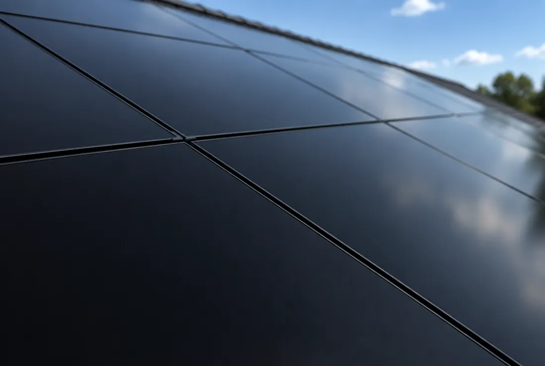 SolarX – Schwarze Solarmodule mit Spiegelung von Himmel und Wolken